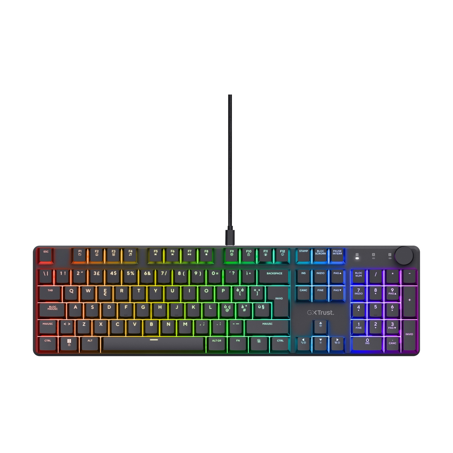 Eine schwarze Tastatur mit RGB-Beleuchtung und einem gedrehten Kabel.