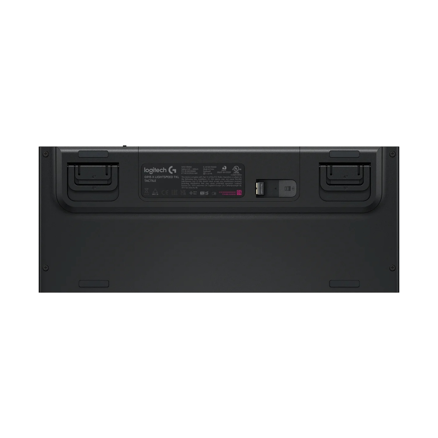 Spód czarnej klawiatury Logitech G915 X Lightspeed TKL z oznaczeniami.