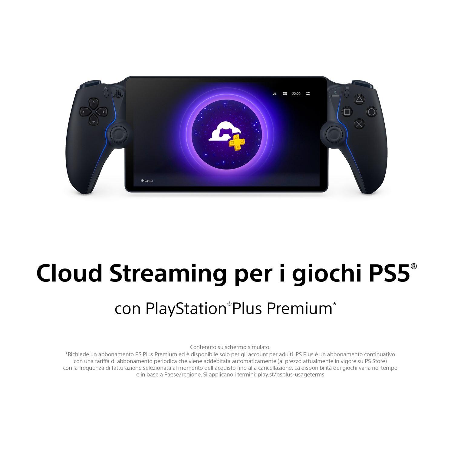 Ein schwarzer Handheld-Controller mit blauem Akzent und einem Bildschirm, der ein PS Plus-Symbol zeigt.