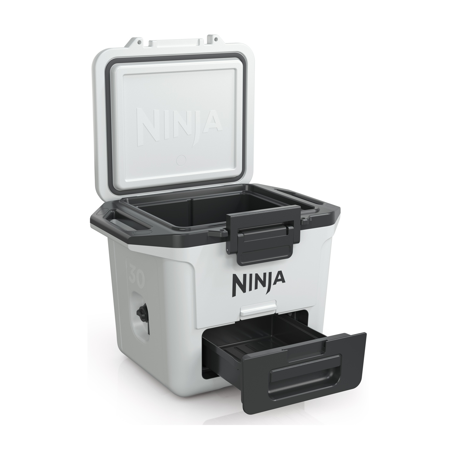 Biała lodówka turystyczna Ninja z otwartą pokrywą i wysuniętą szufladą.