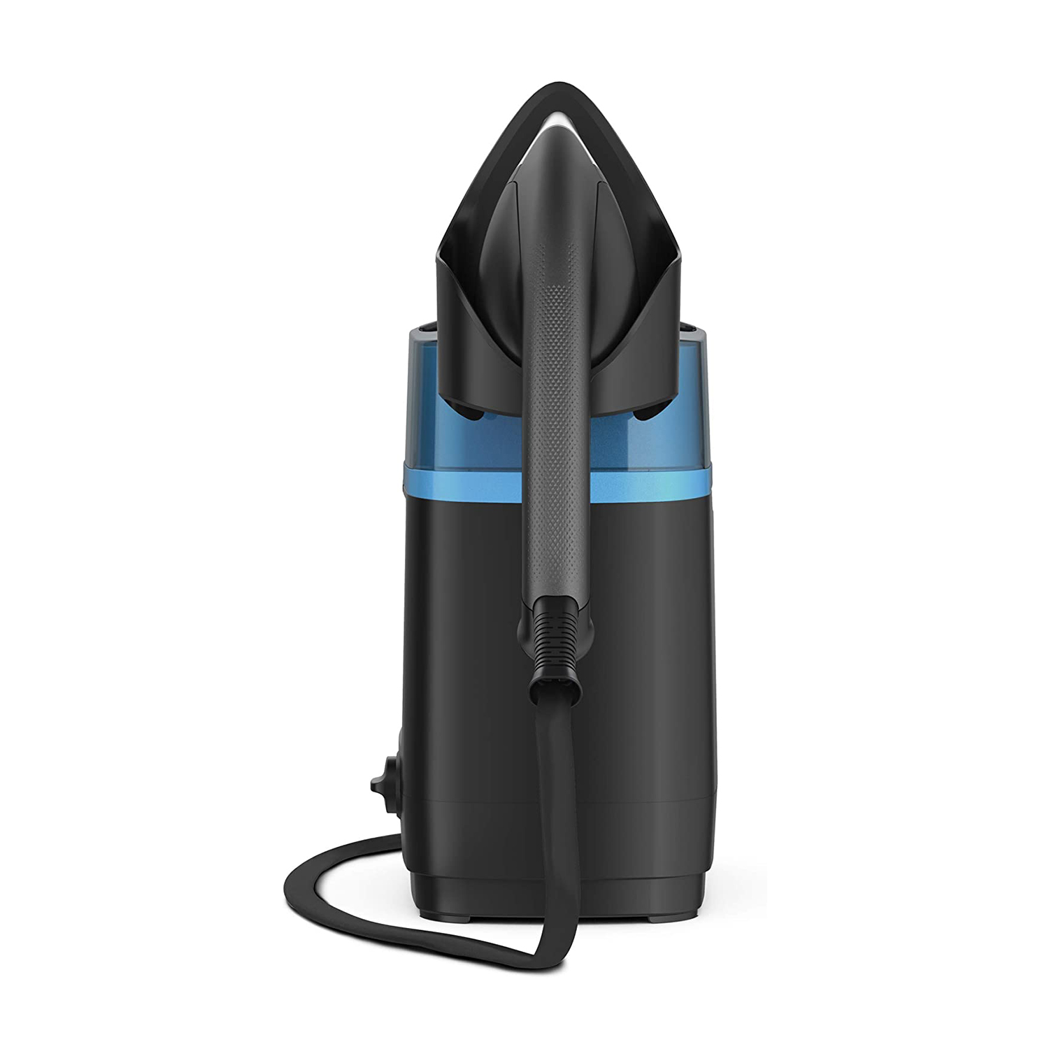 Un vaporizzatore per abiti nero con serbatoio dell'acqua blu su sfondo bianco.