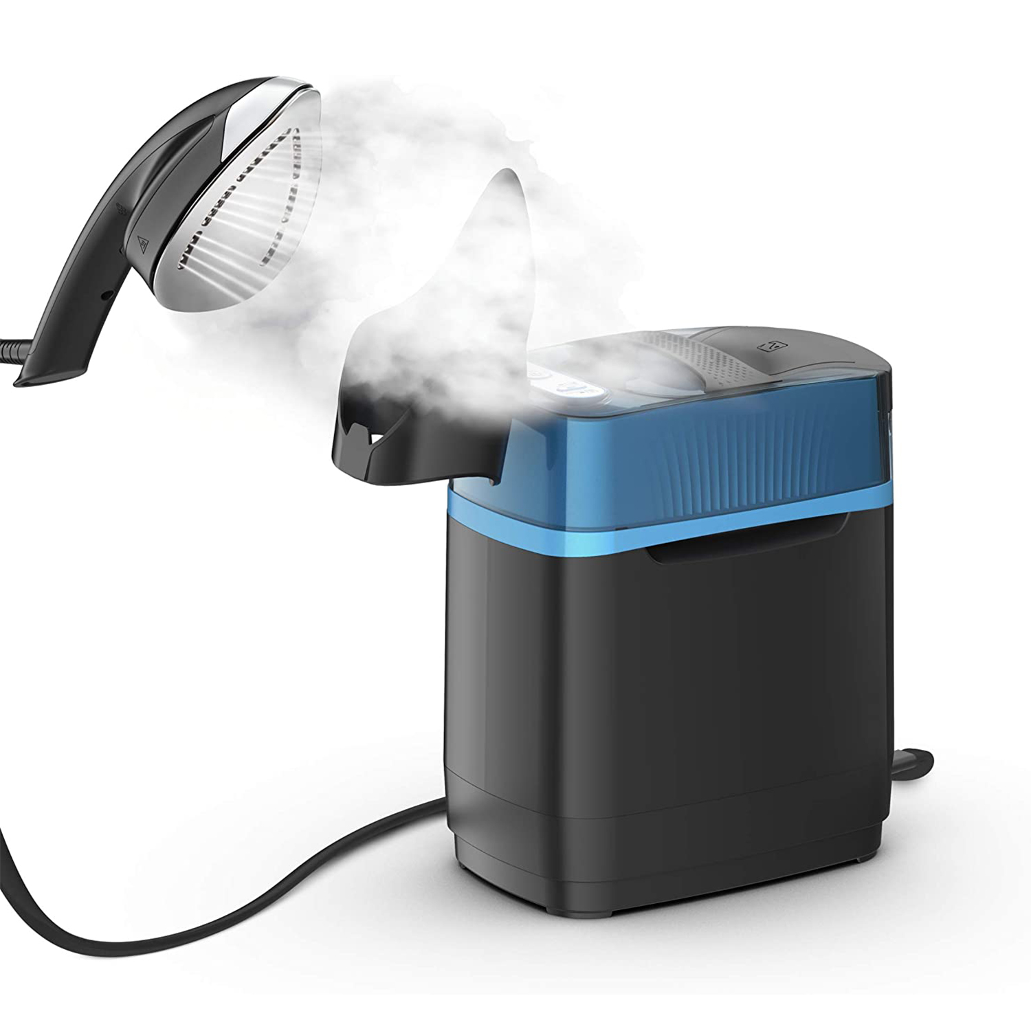 Un vaporizzatore per abiti nero con serbatoio blu emette vapore.