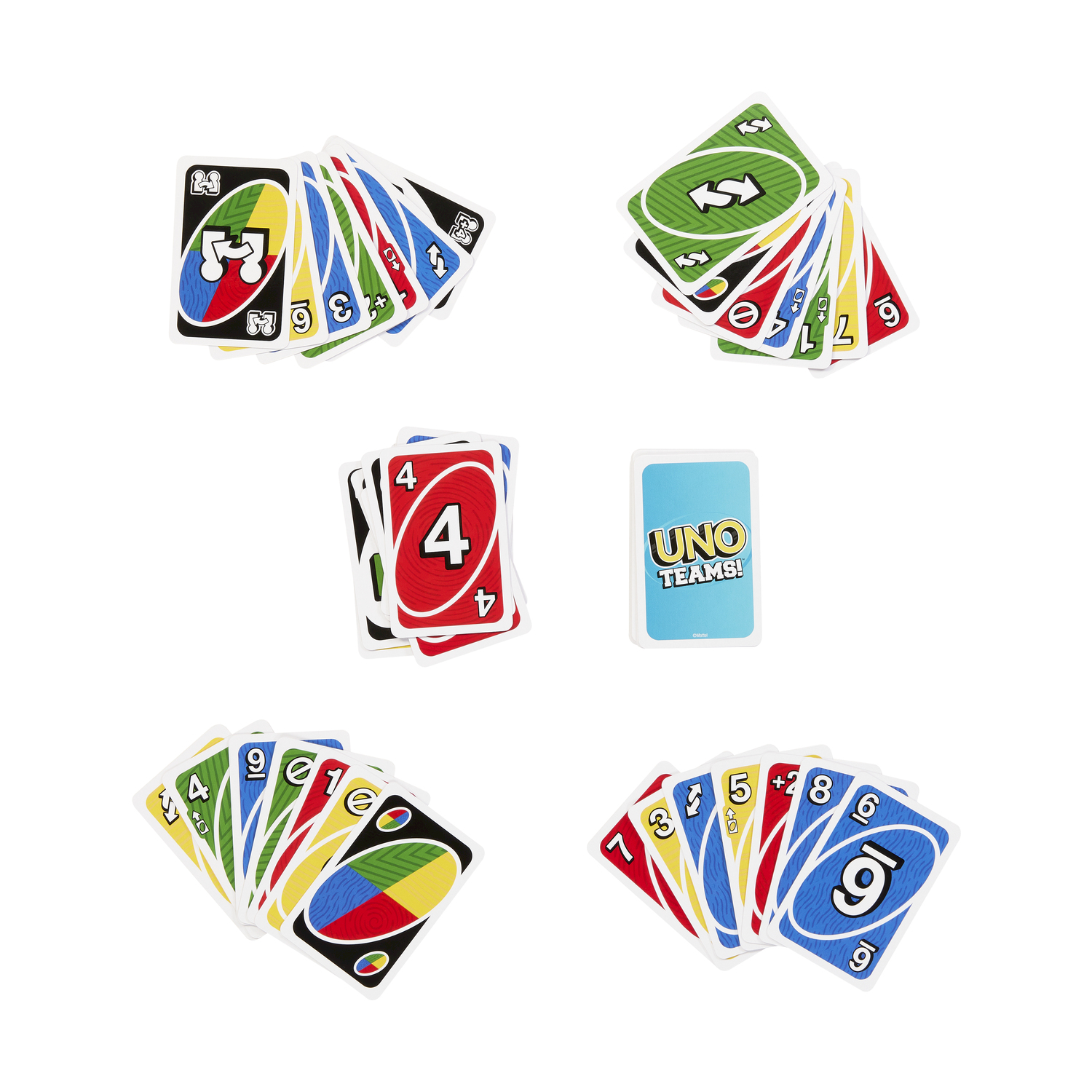 Tarjetas UNO: Un abanico de cartas con un 5, 3, 6, +3, 1 y una comodín.