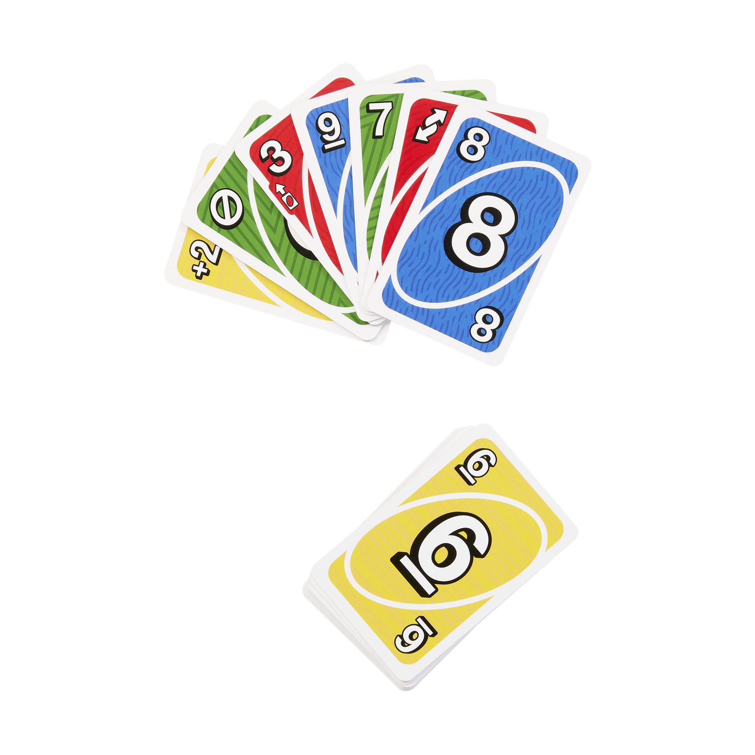Una baraja de cartas Uno abanicada con números y símbolos. Una baraja amarilla abajo.