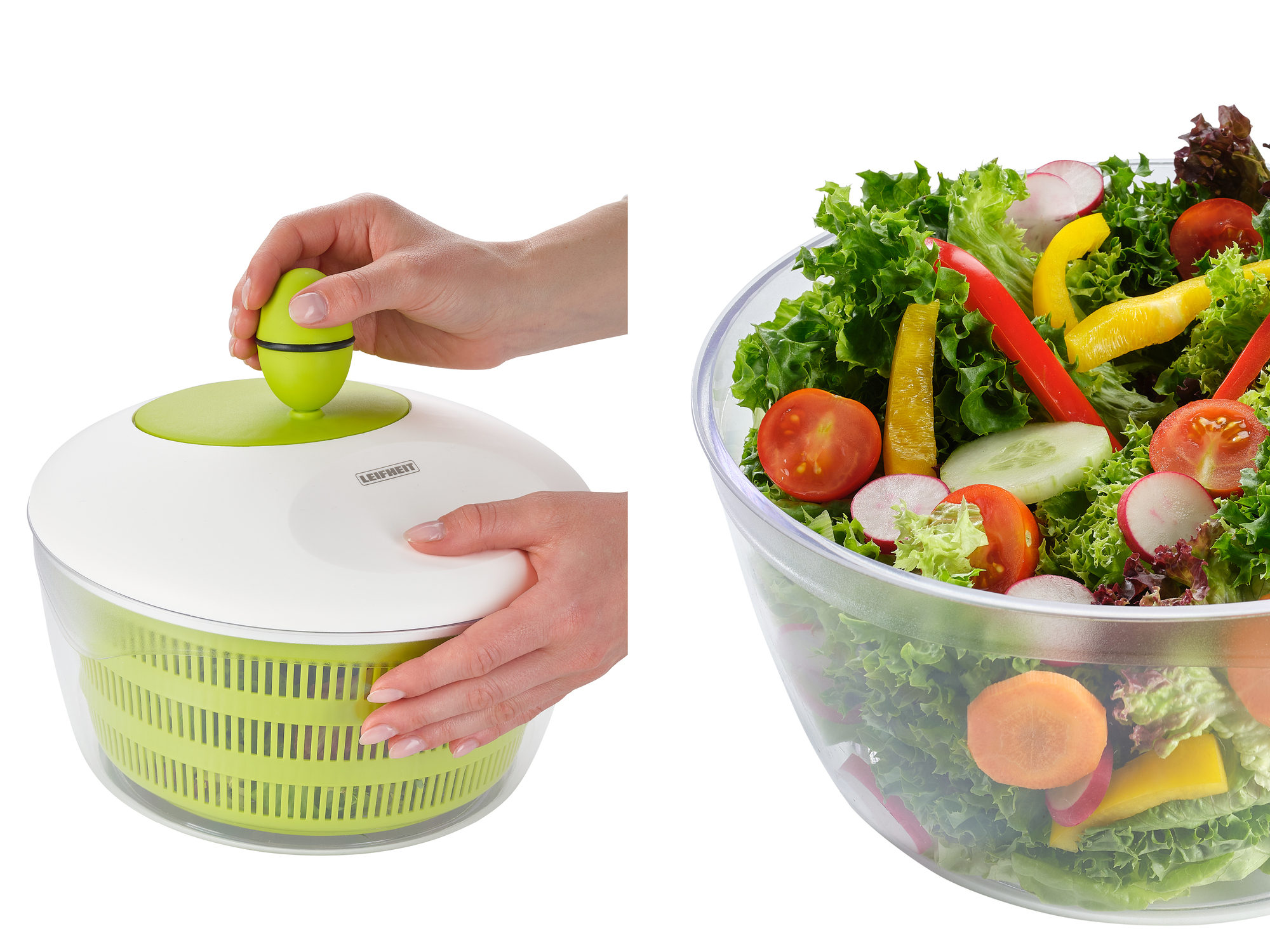 Kręciołka do sałaty z zielonym wkładem i dłońmi; obok miska sałatki.
