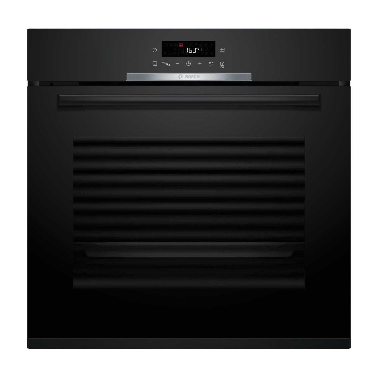 Czarny piekarnik do zabudowy z cyfrowym wyświetlaczem i uchwytem.