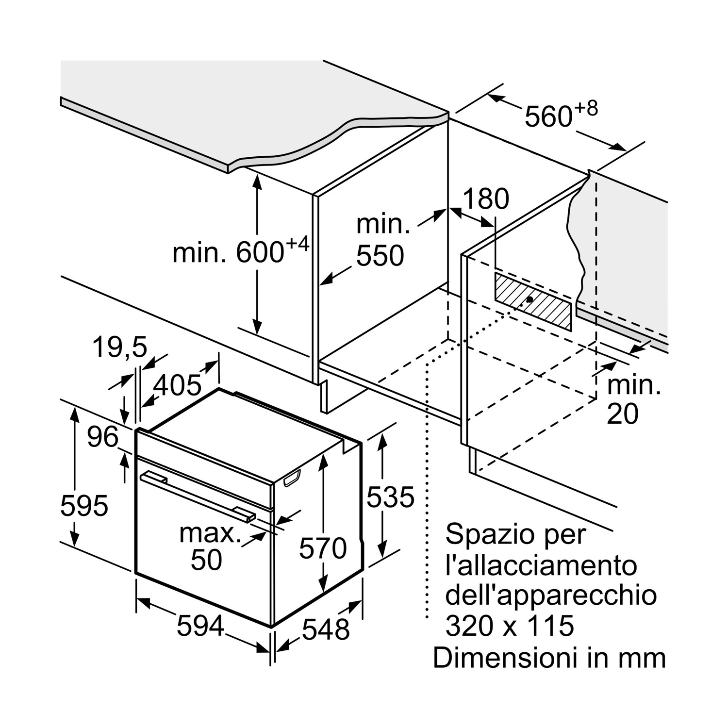 Rysunek techniczny piekarnika do zabudowy z wymiarami i instrukcjami montażu.