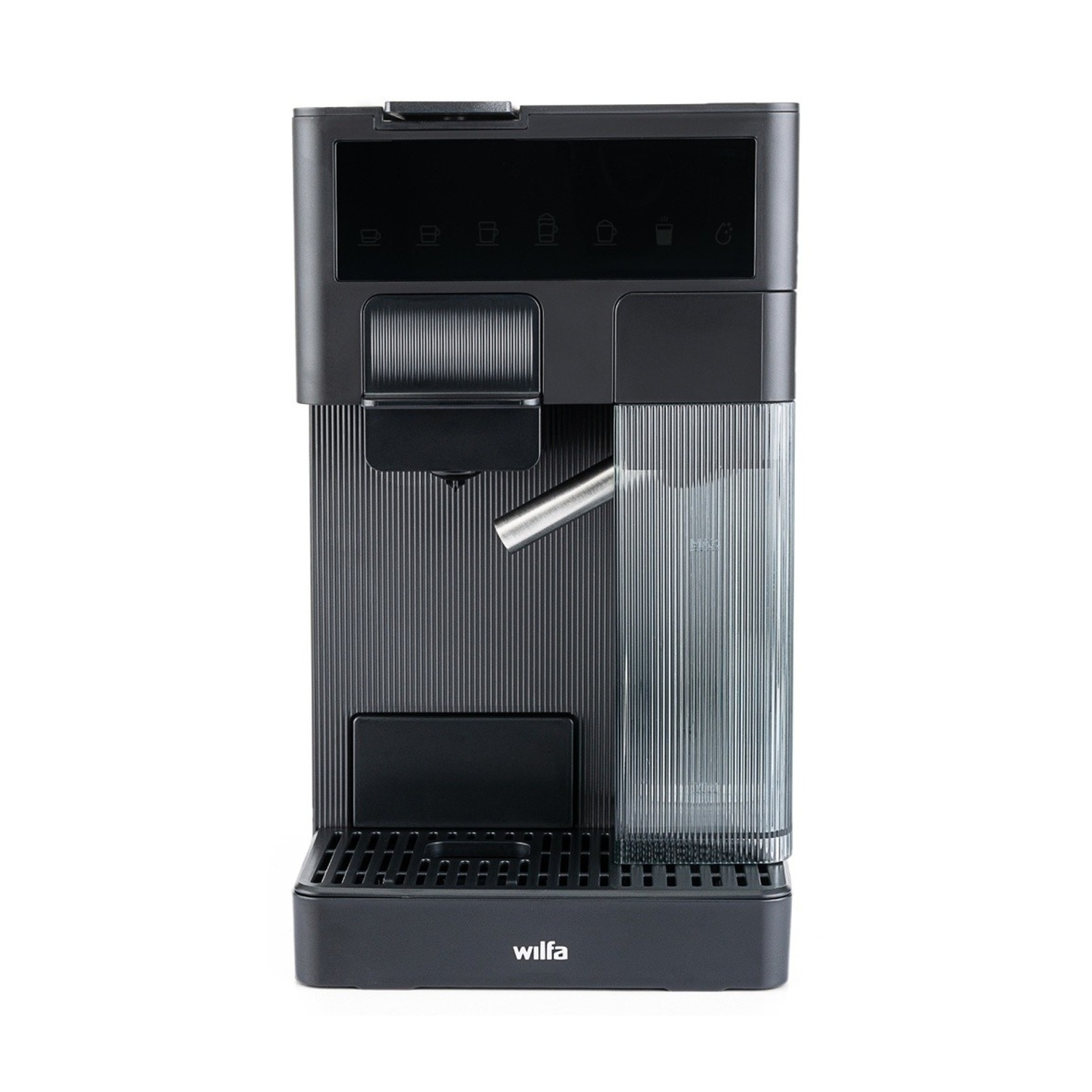 Eine schwarze Kaffeemaschine mit silbernem Auslauf und sichtbarem Wassertank.