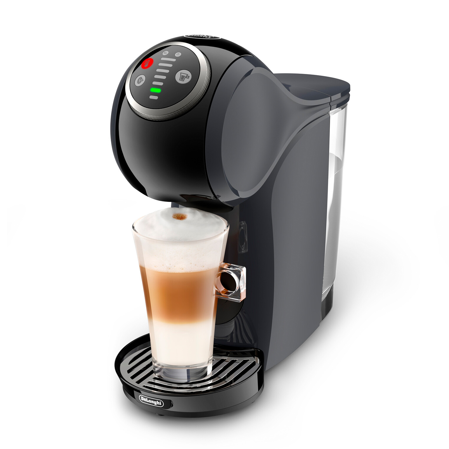Schwarze Kaffeemaschine mit Glas voller Latte. Weiße und braune Schichten.