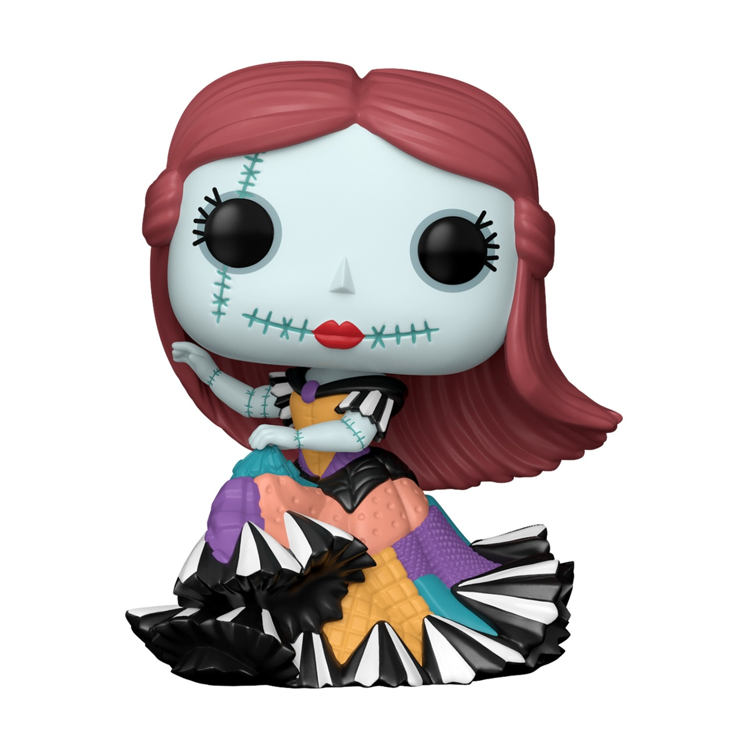 Una figura Funko Pop di Sally di Nightmare Before Christmas in un vestito patchwork.