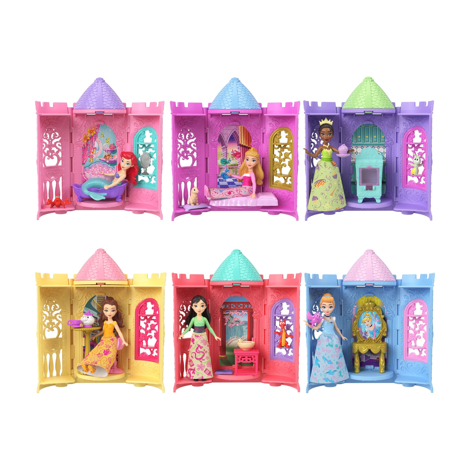 Seis castillos de princesas coloridos con figuras: Ariel, Aurora, Tiana, Belle, Mulan, Cenicienta.