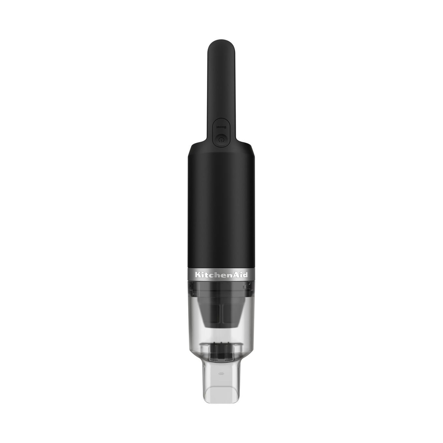 Un aspirapolvere portatile nero con contenitore trasparente e logo KitchenAid.