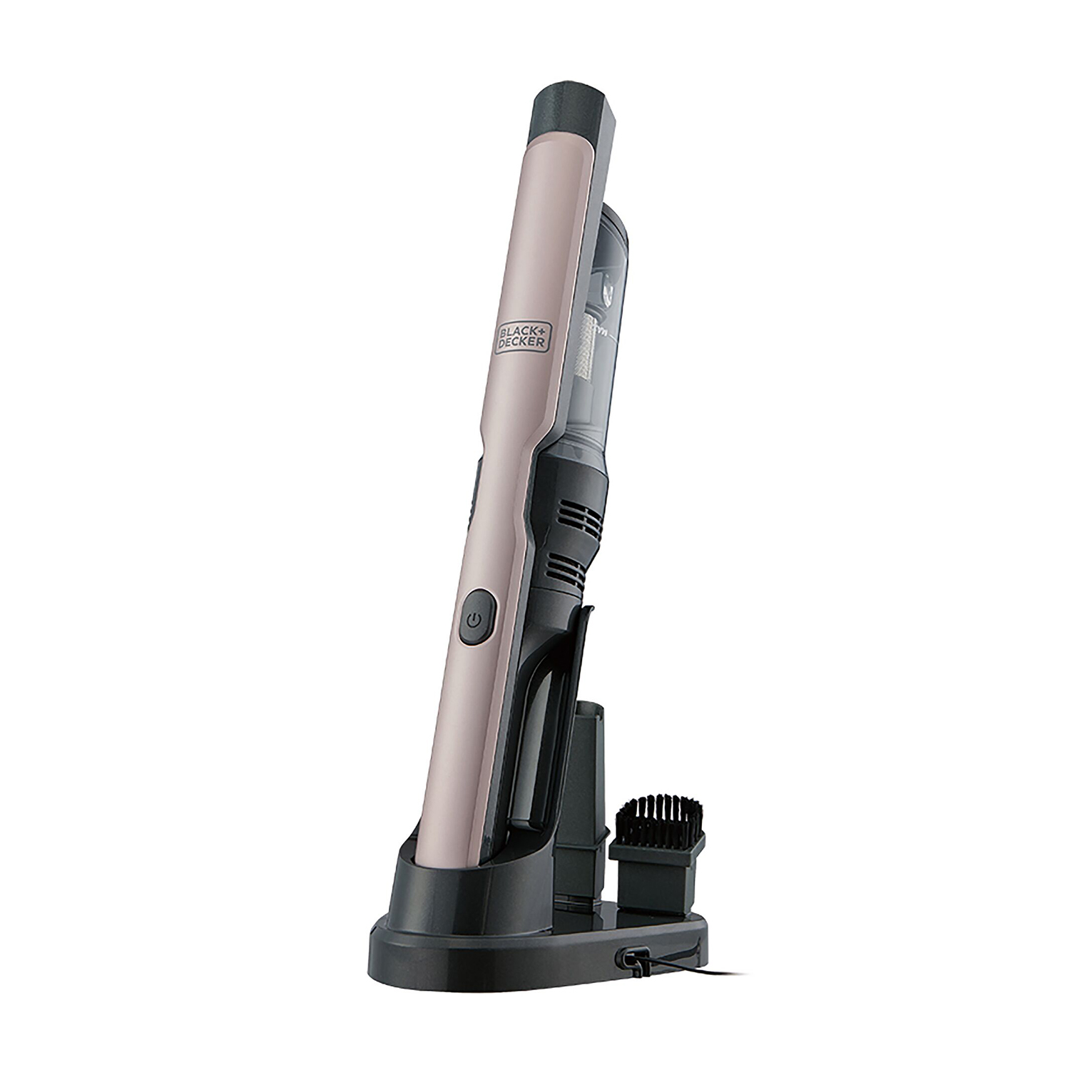 Un aspirapolvere portatile color oro rosa con base di ricarica nera e spazzola.