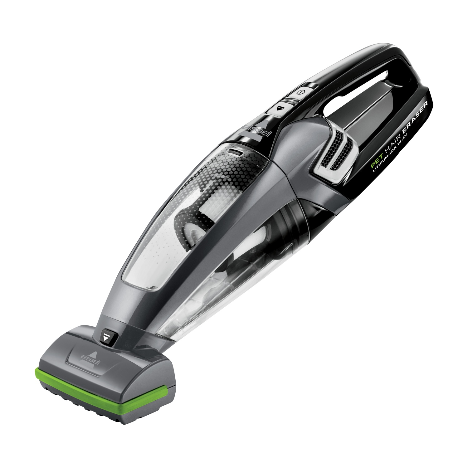 Un aspirapolvere portatile nero e grigio con base verde su sfondo bianco.