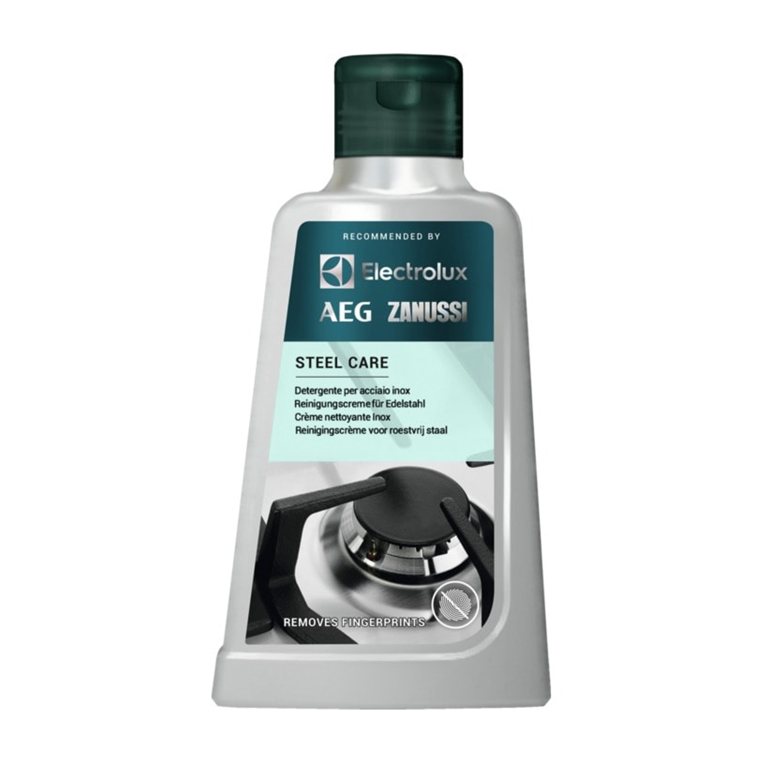 Butelka środka do pielęgnacji stali nierdzewnej, marka AEG Zanussi, usuwa odciski.