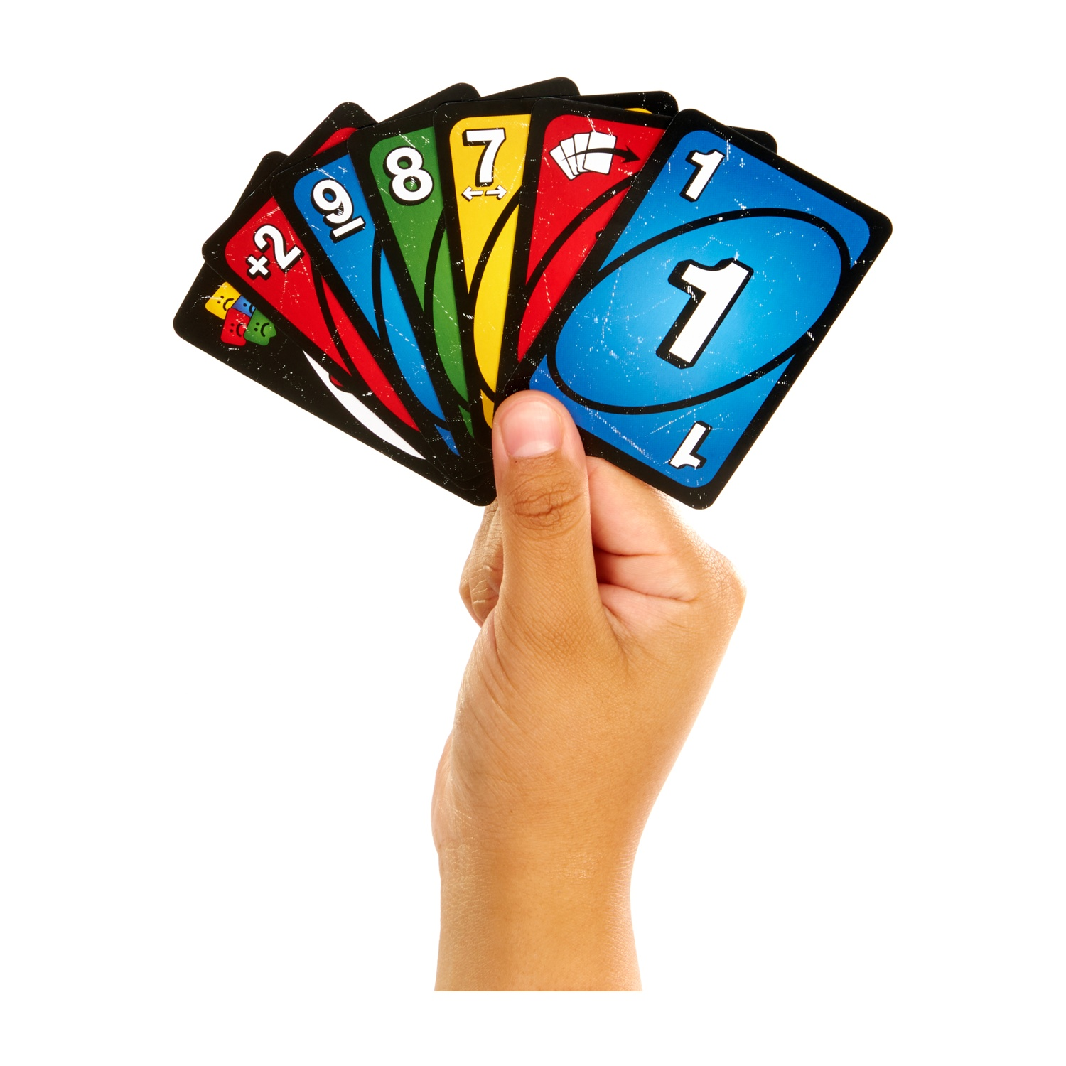 Dłoń trzyma kolorowe karty UNO z cyframi i symbolami.