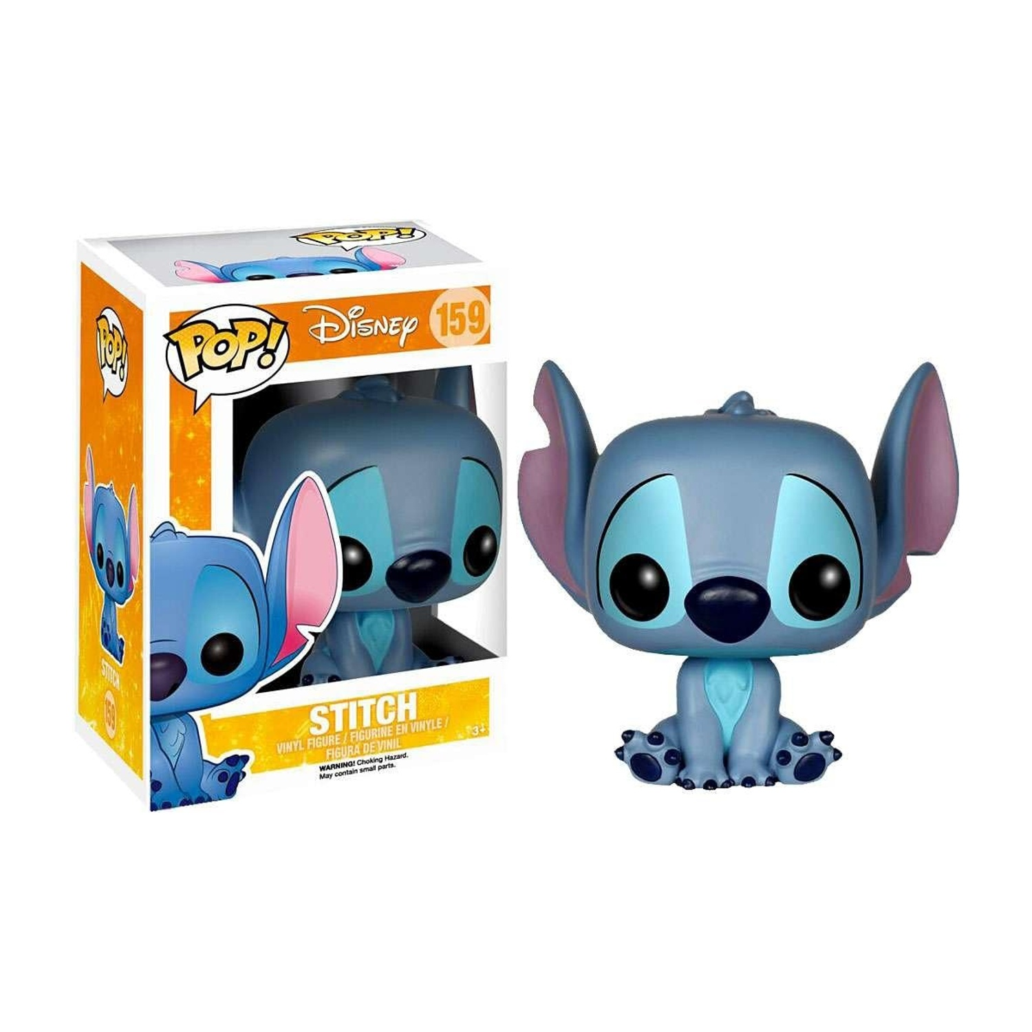 Niebieska figurka winylowa Funko Pop! Stitch, siedząca obok pudełka.