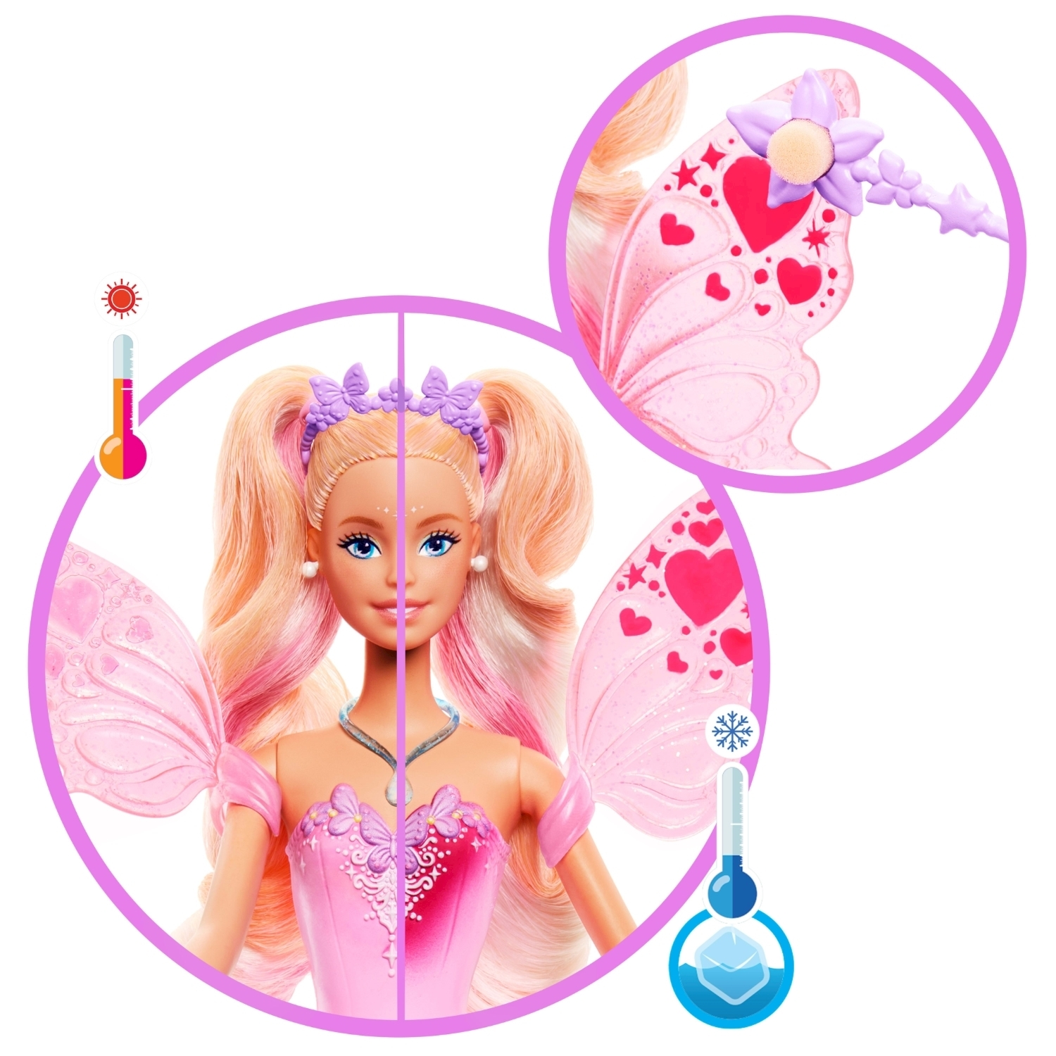 Barbie-Puppe mit rosa Flügeln, die sich bei Wärme und Kälte verändern.