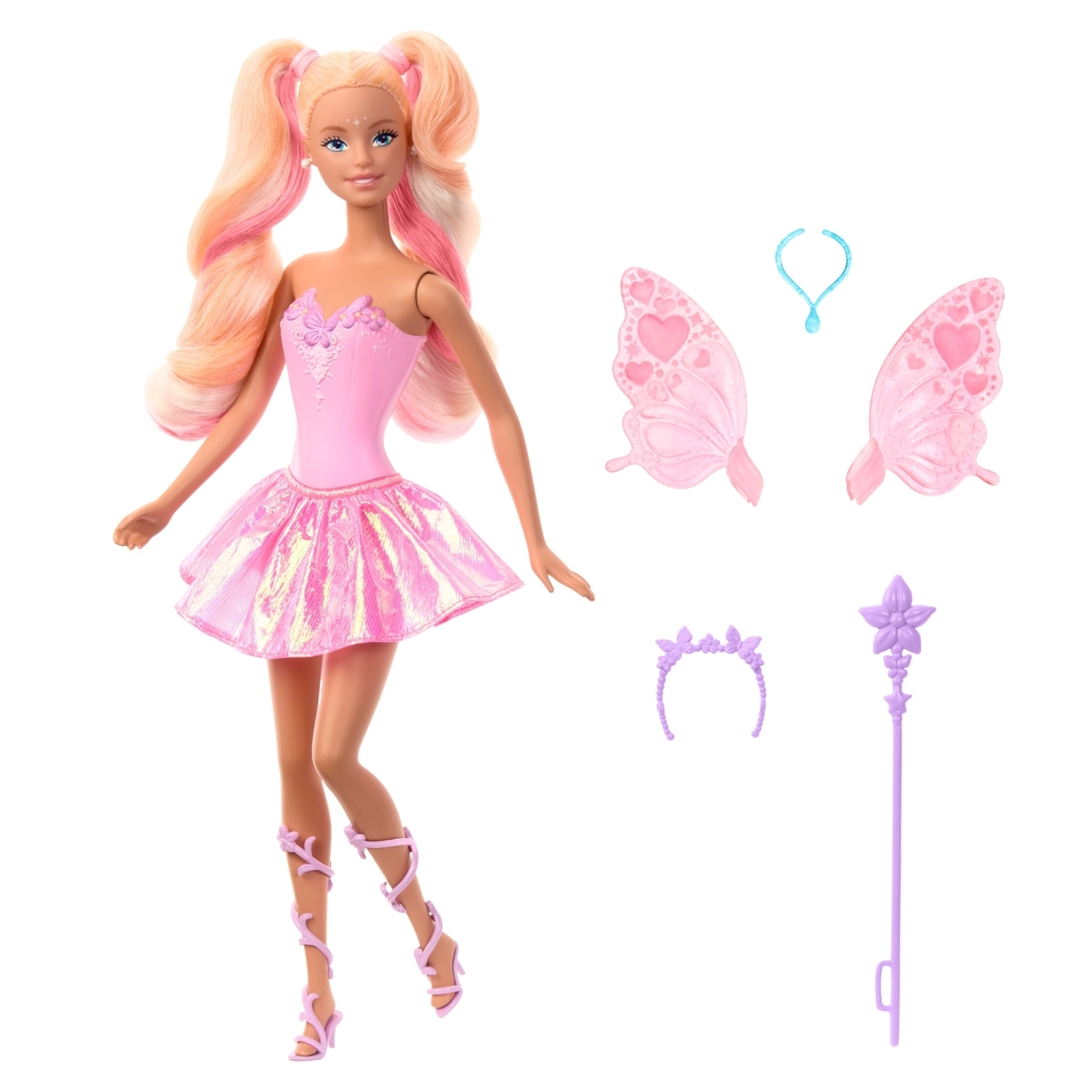 Barbie-Puppe in rosa Kleid mit Flügeln, Diadem, Halskette und Zauberstab.