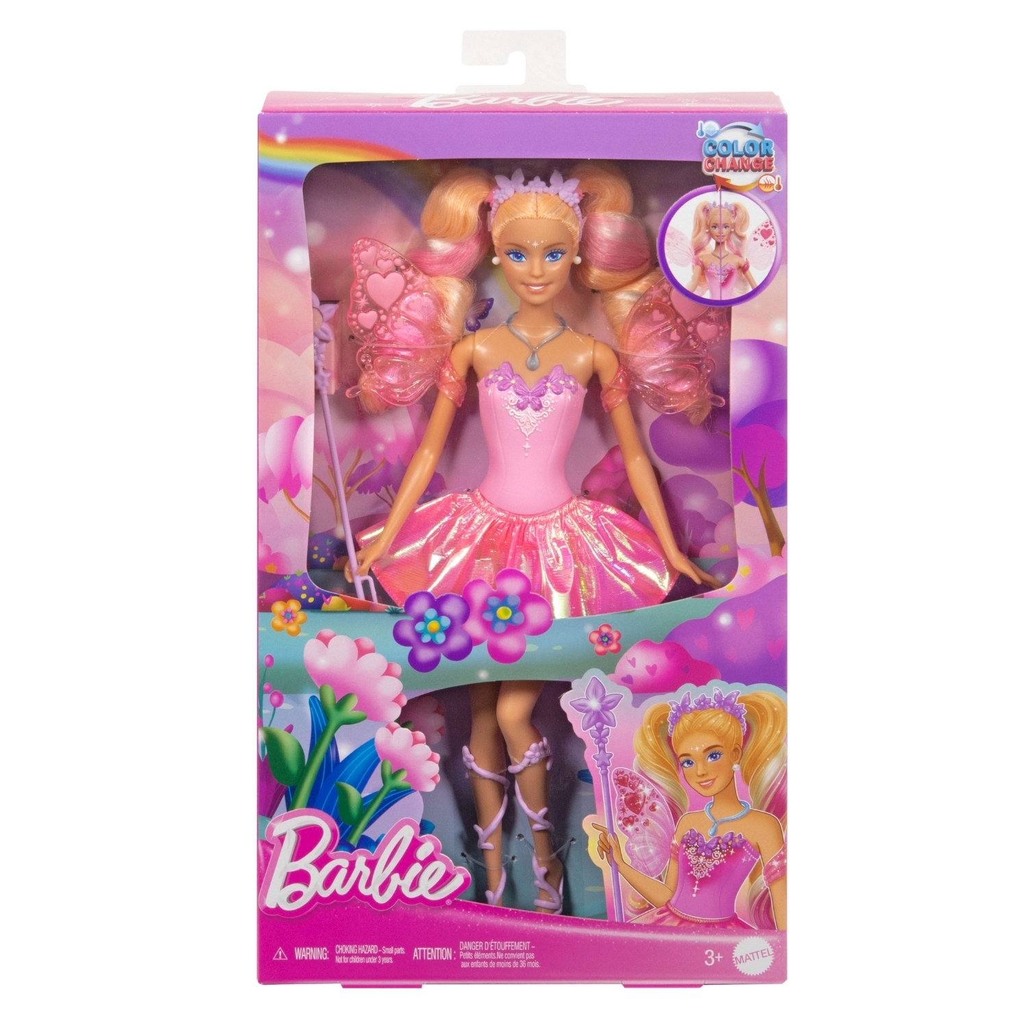 Barbie-Puppe in rosa Ballett-Outfit mit Schmetterlingsflügeln und Zauberstab in Box.