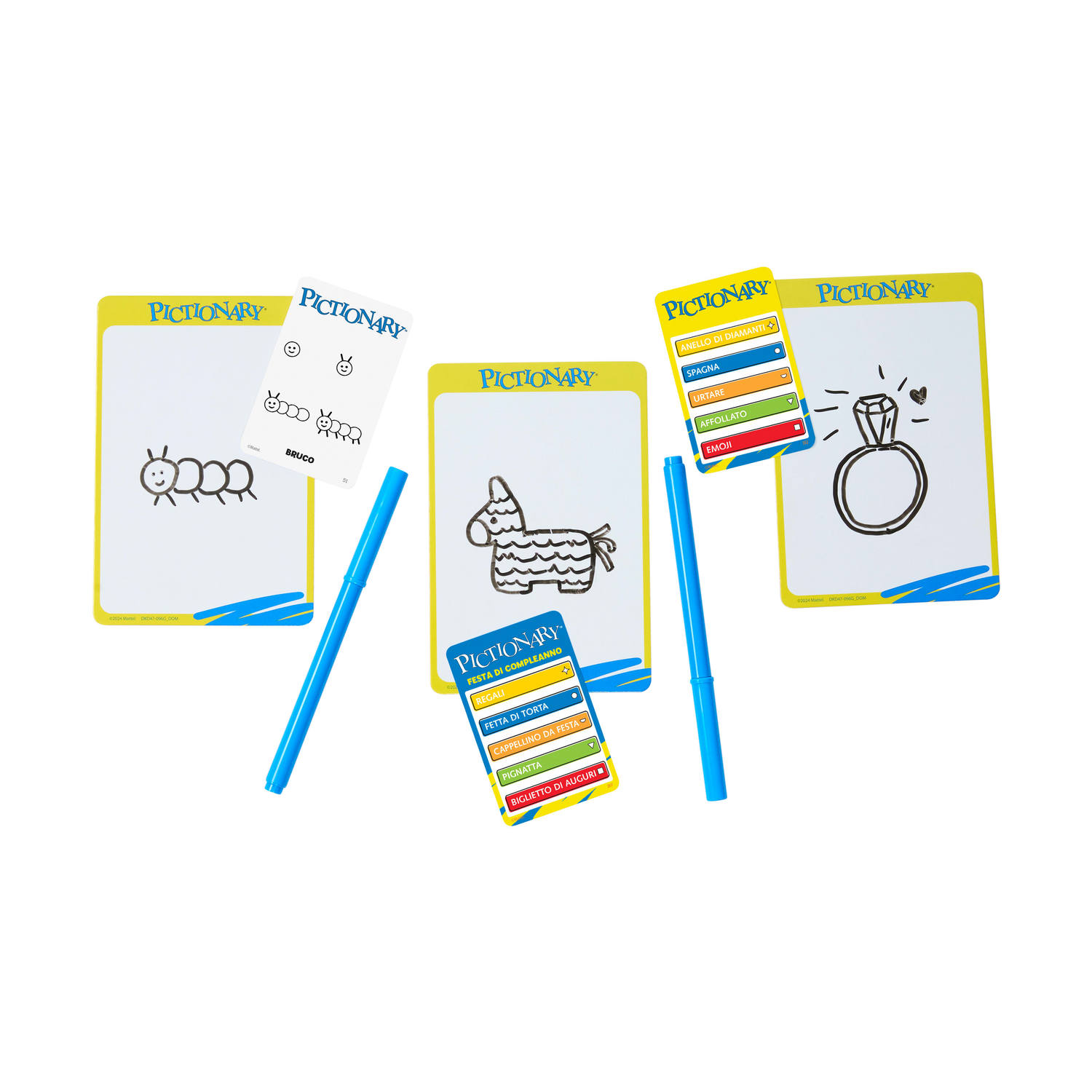 Pictionary-Spiel mit Zeichnungen von Raupe, Piñata und Ring.
