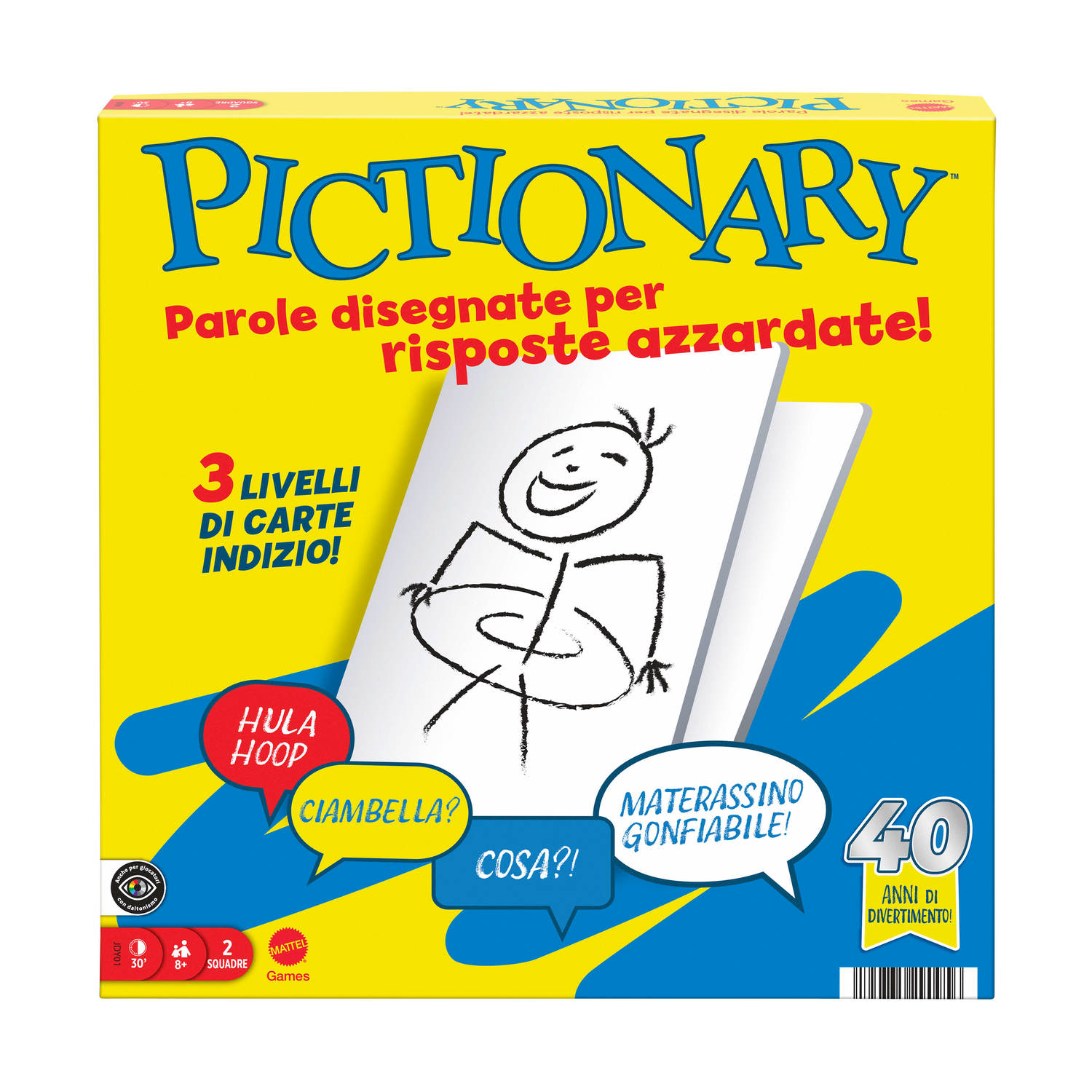 Pictionary-Spielverpackung mit Zeichnung eines Hula-Hoop-Reifens und italienischem Text.
