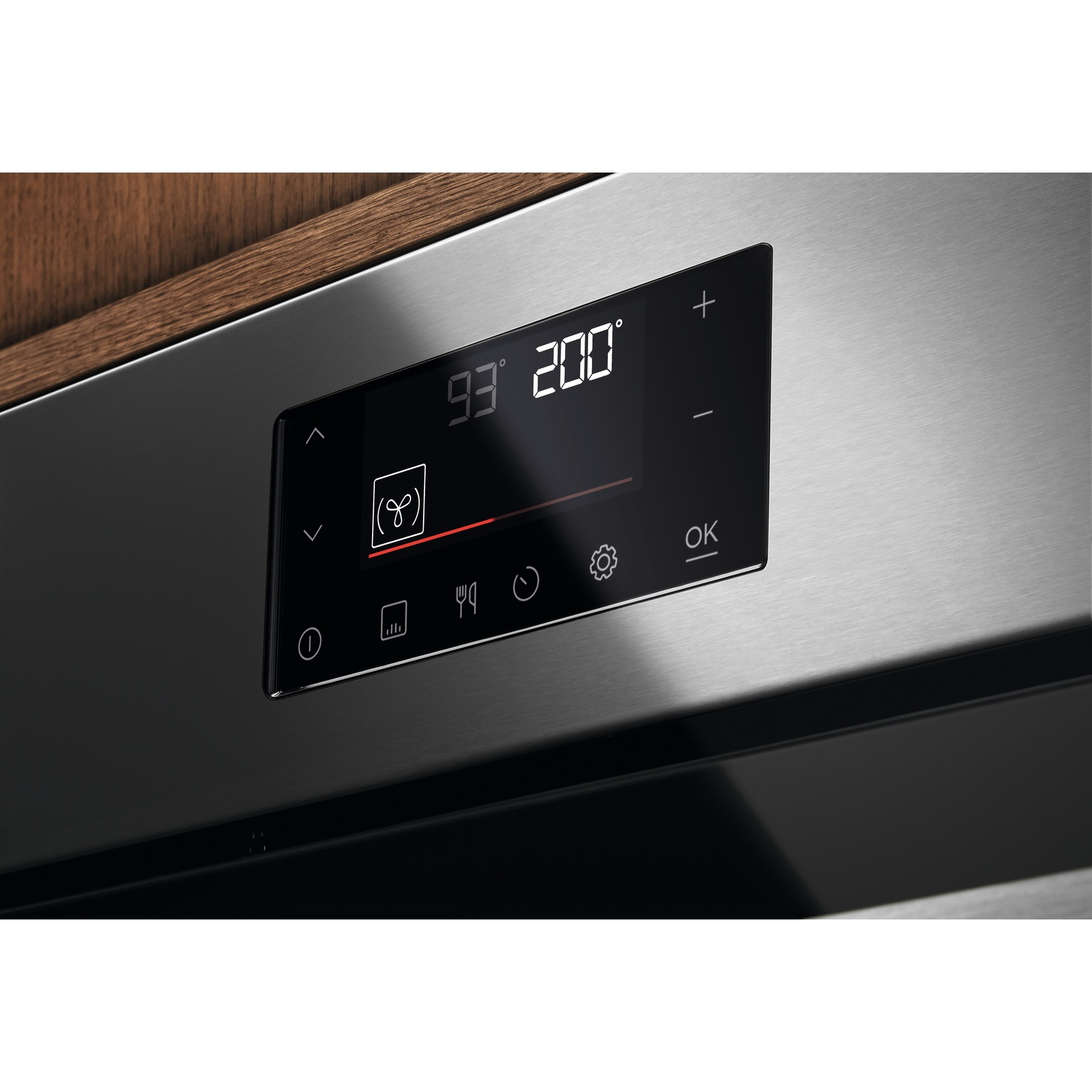 Display forno in acciaio inox con temperature 93° e 200°, e icone.