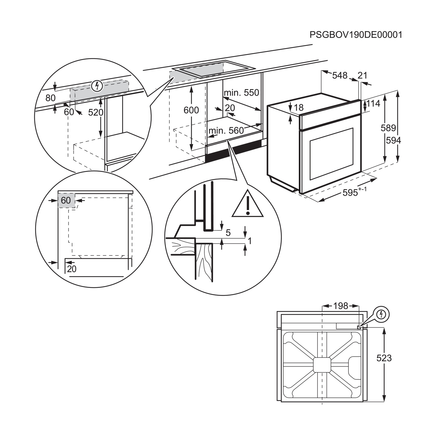 Disegno tecnico di un forno da incasso con dimensioni e dettagli di installazione.
