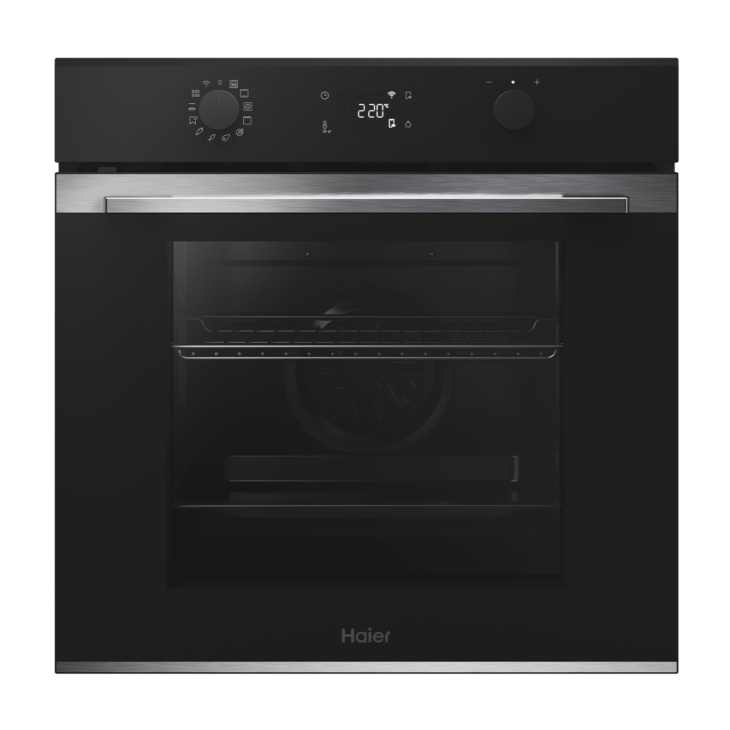 Un forno da incasso nero con display digitale, manopole e maniglia in metallo.
