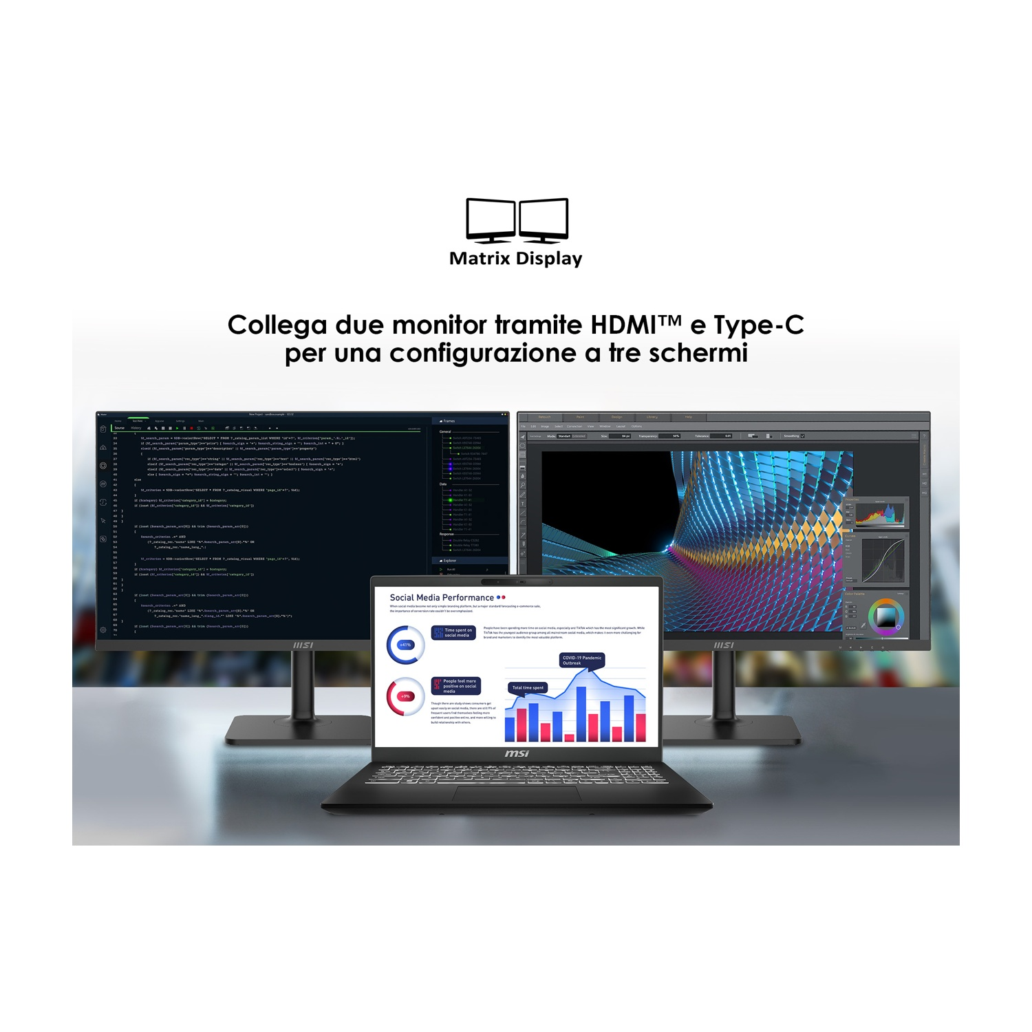 Laptop MSI e due monitor mostrano codice e grafica. Testo menziona Matrix Display.