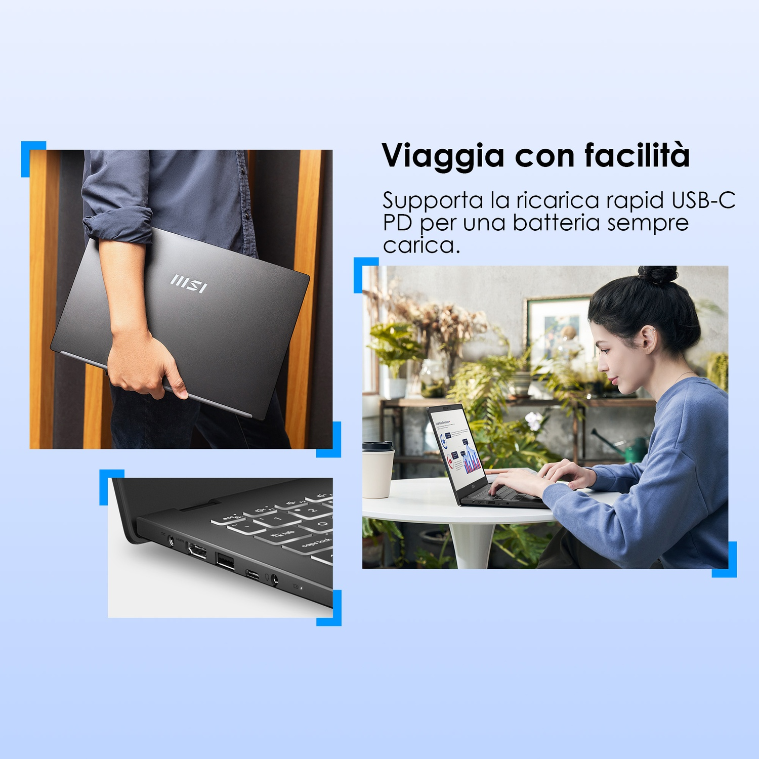 Un uomo tiene un laptop, una donna digita, si vedono le porte.