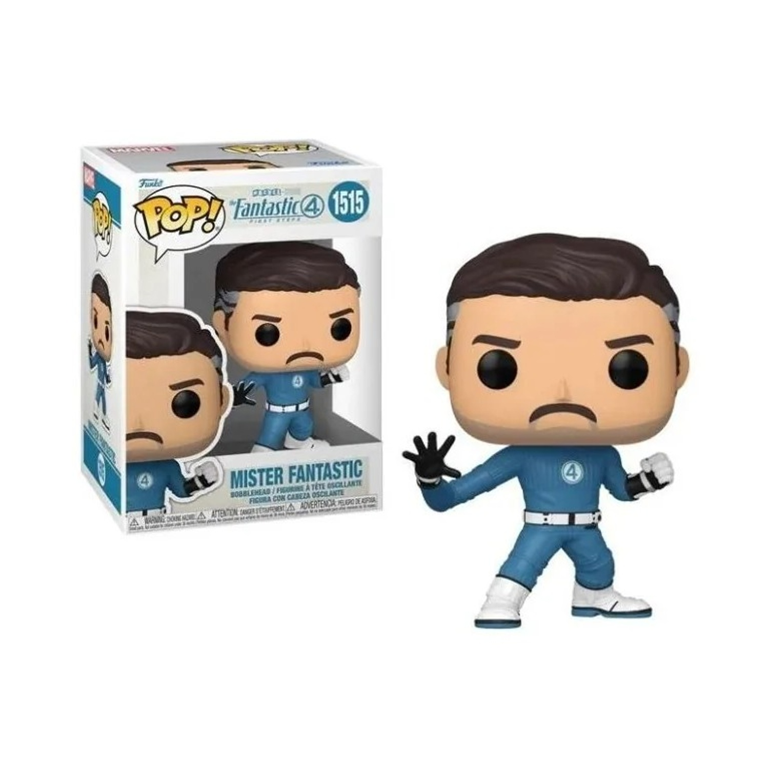 Action figure Funko Pop Mister Fantastic in tuta blu con emblema '4', accanto alla scatola.