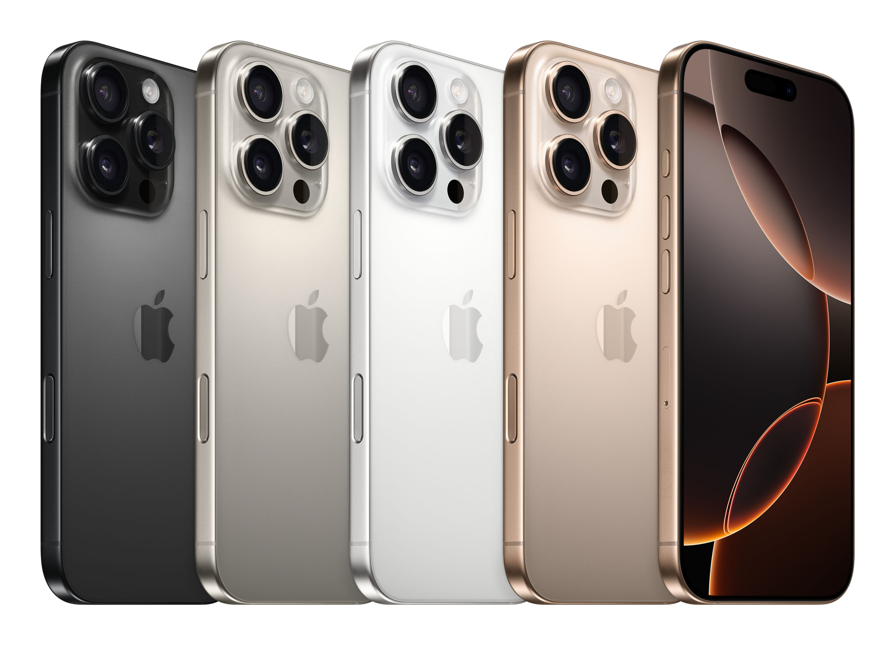 Cuatro iPhones en negro, plateado, blanco y dorado están uno al lado del otro.