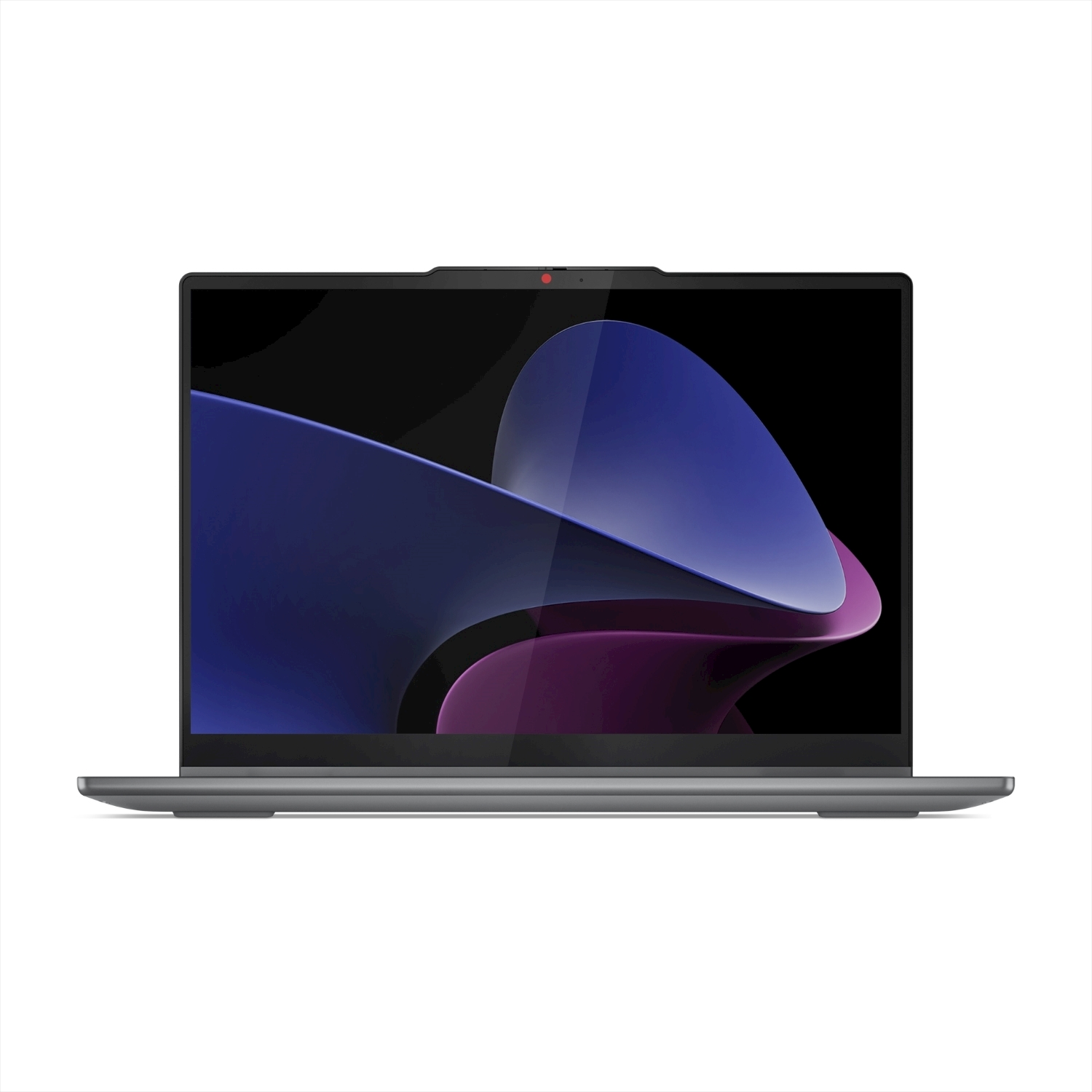 Grauer Laptop mit dunklem Bildschirm, der abstrakte blaue und violette Formen zeigt.