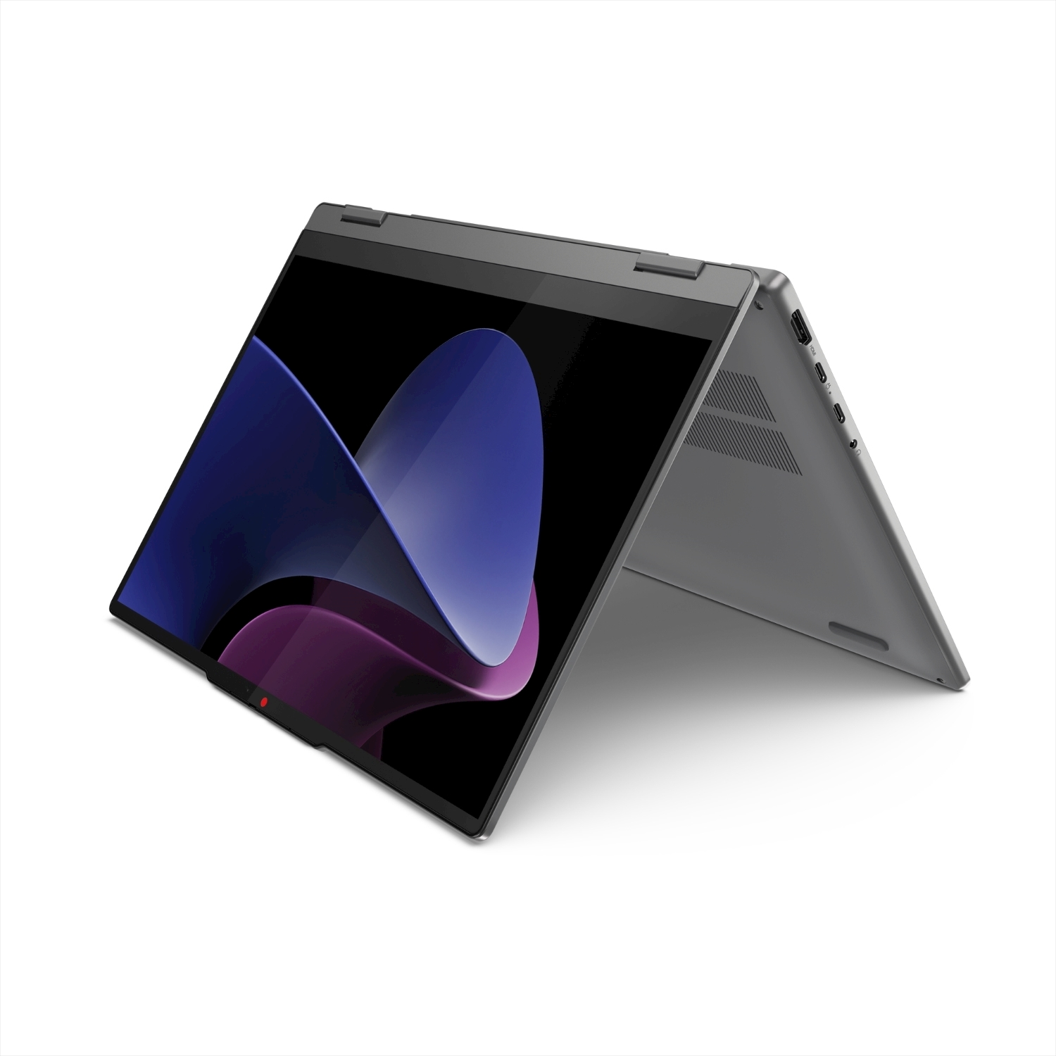 Grauer Laptop mit offenem Bildschirm, der ein abstraktes Bild anzeigt.