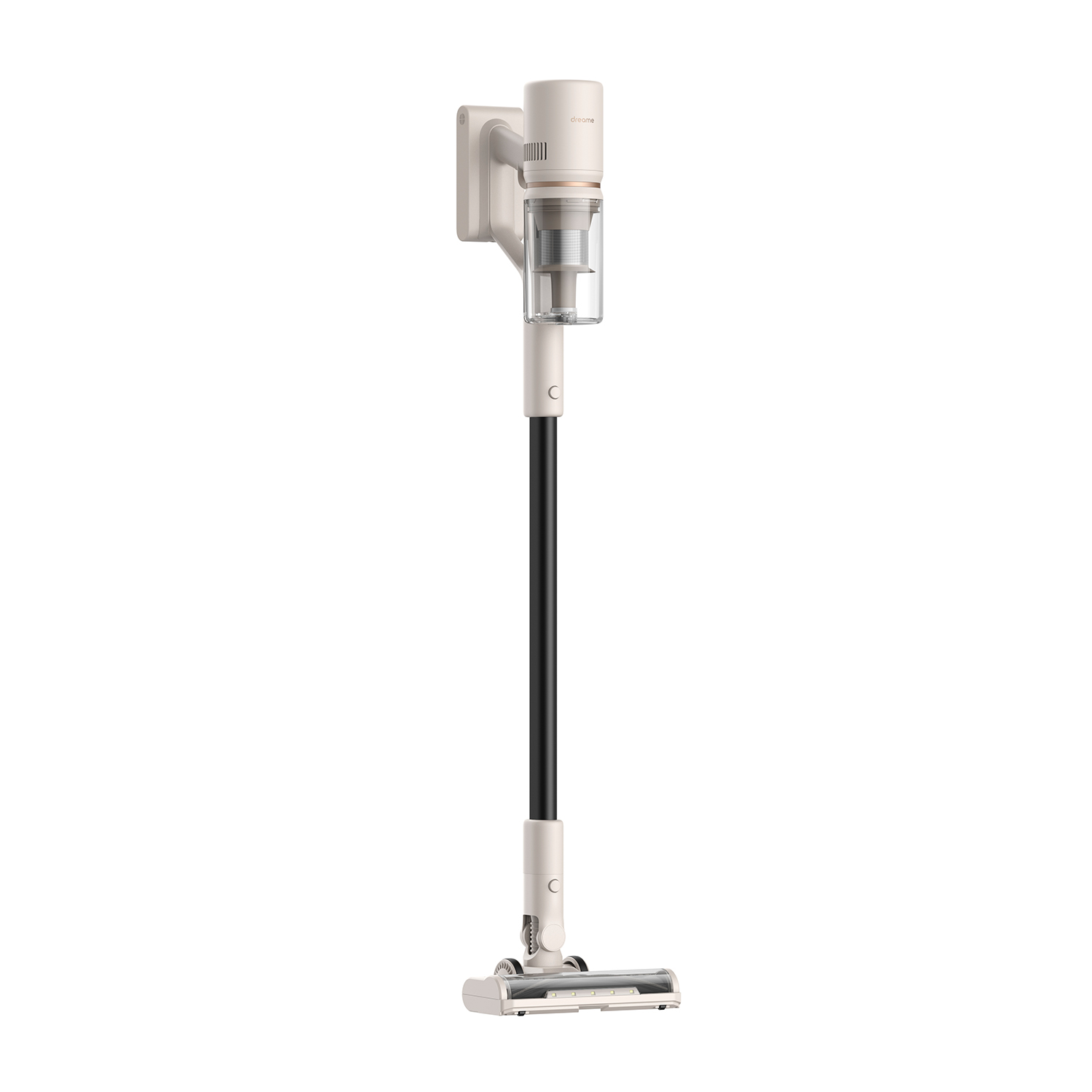 Un aspirador inalámbrico blanco y elegante con tubo negro y cabezal.