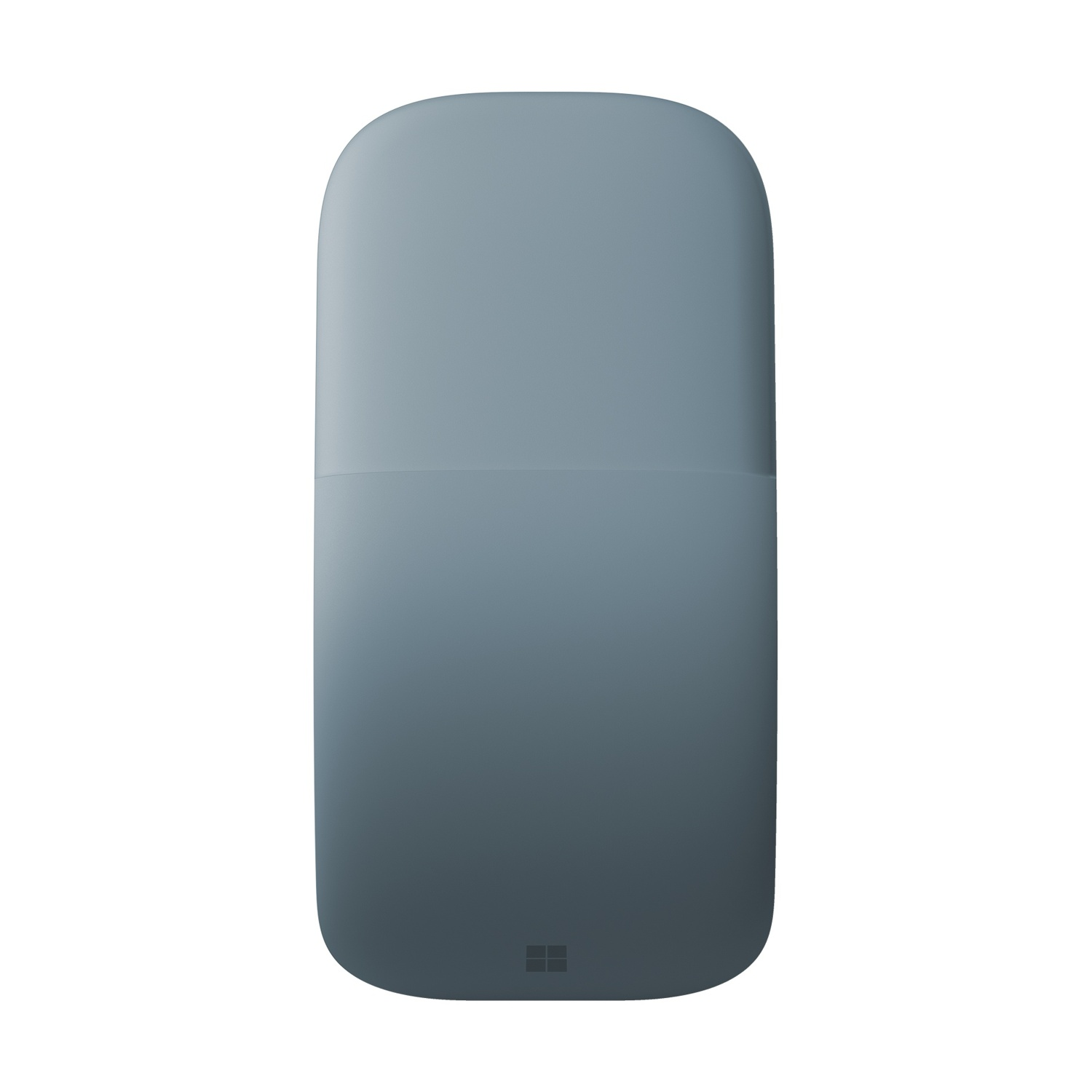 Un mouse grigio arrotondato con logo Microsoft su sfondo bianco.
