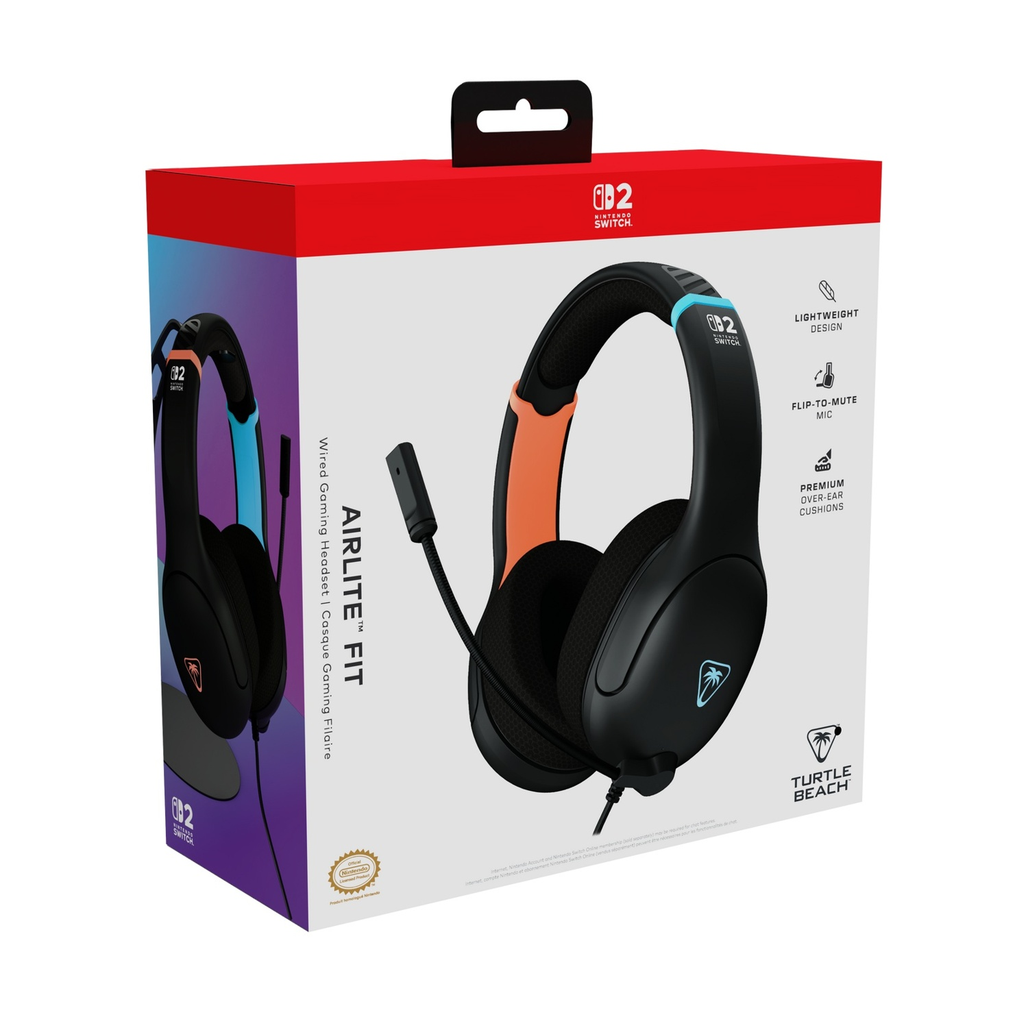 Scatola per cuffie gaming Turtle Beach Airlite Fit con logo Nintendo Switch.