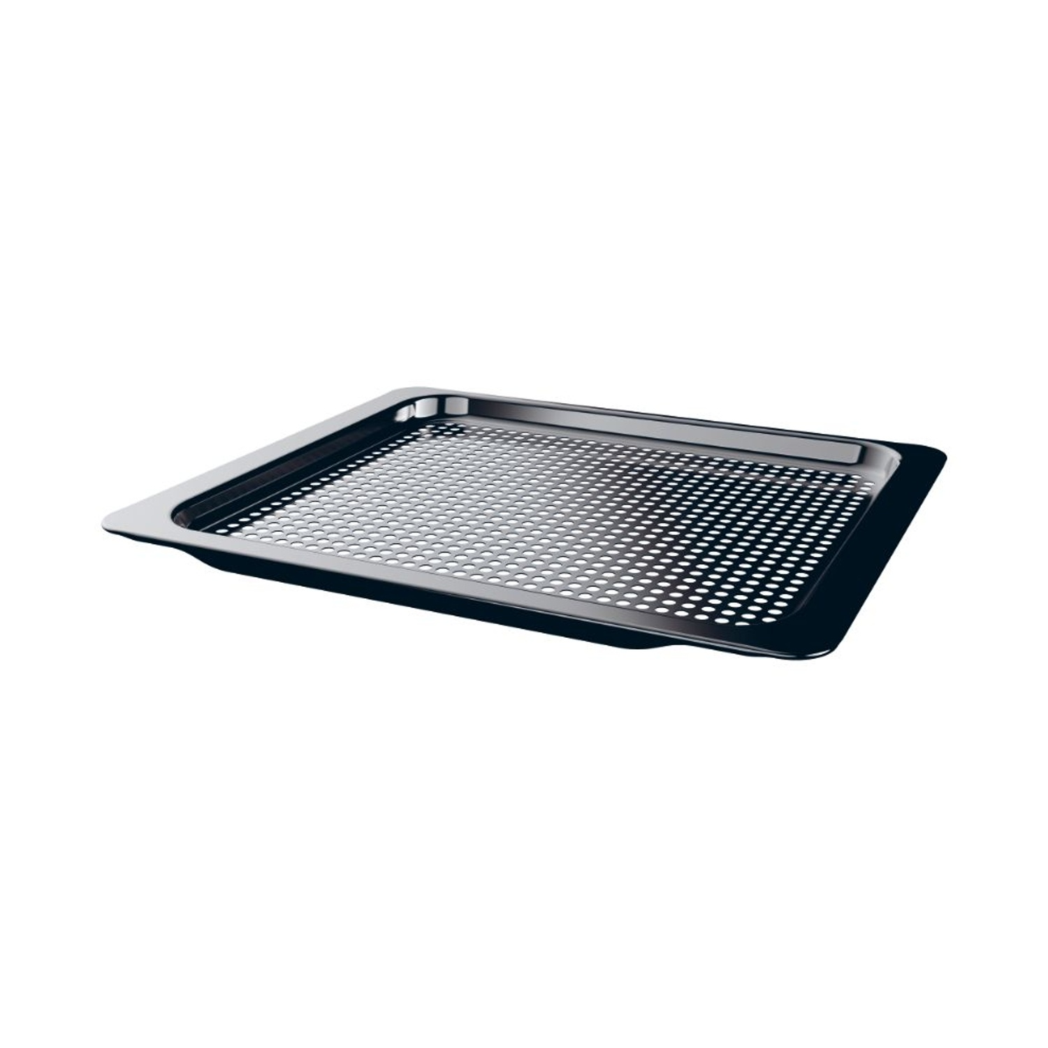 Eine perforierte Metall-Backform mit dunklem Rand ist auf weißem Hintergrund zu sehen.