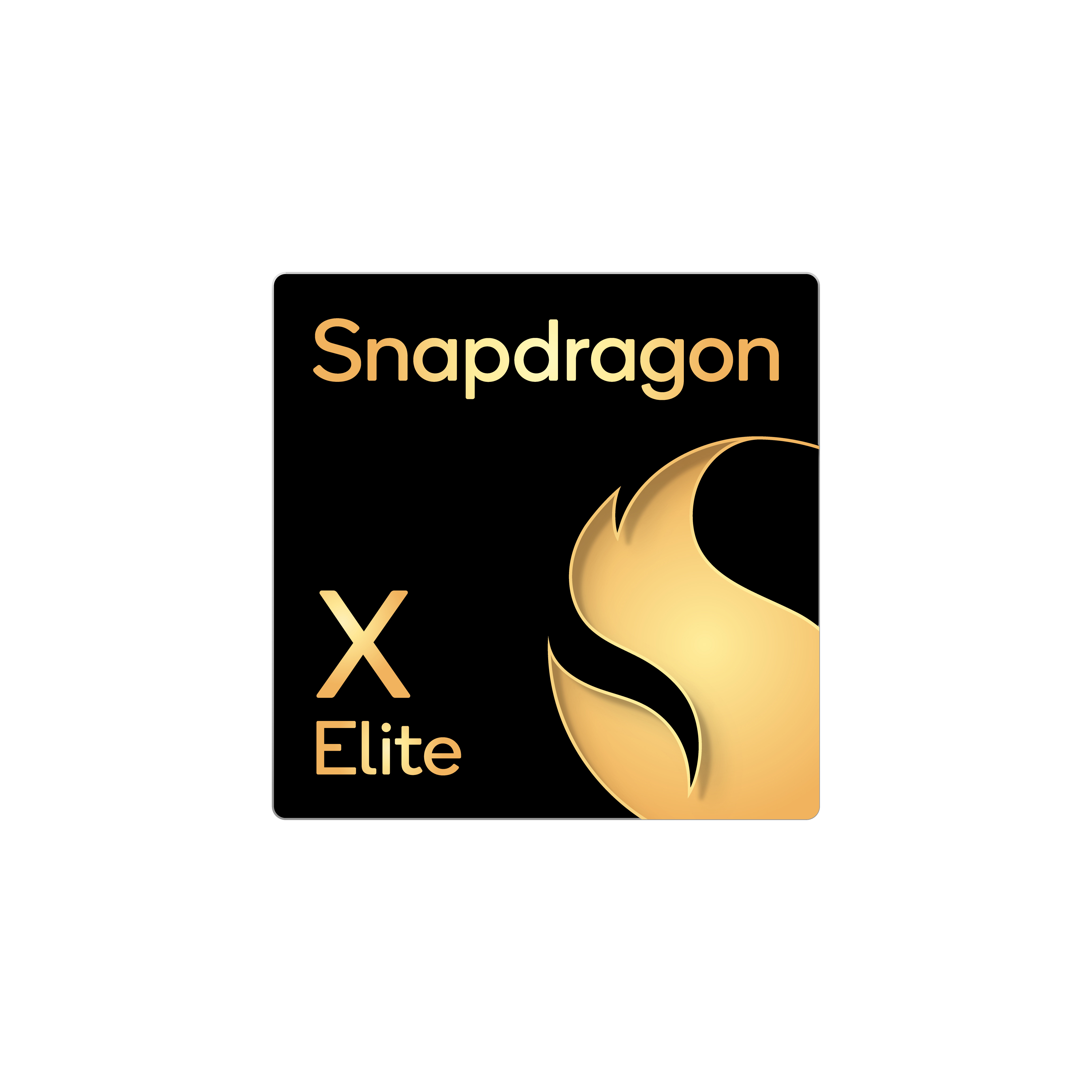 Logo Snapdragon X Elite ze złotym symbolem płomienia na czarnym tle.