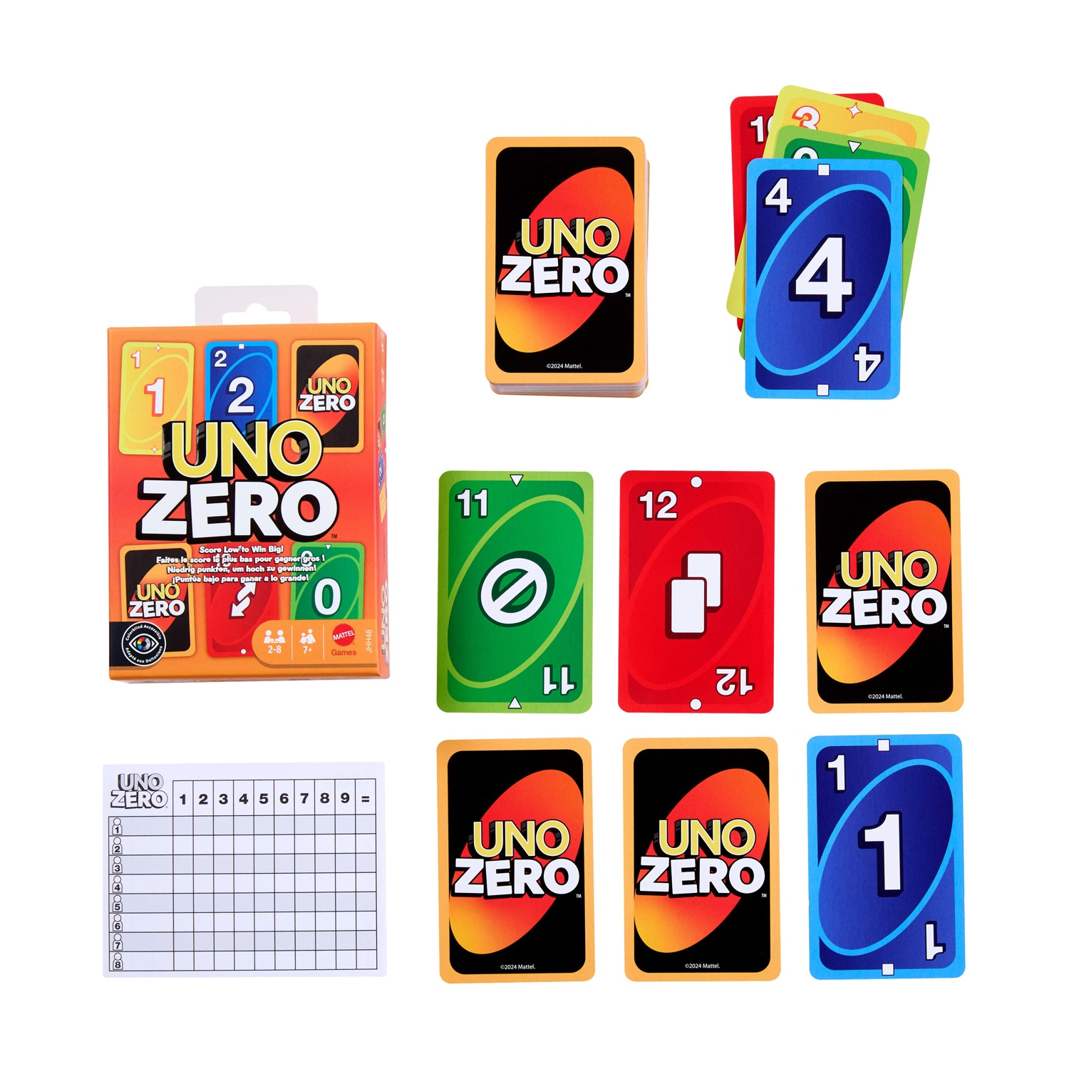 UNO Zero kaartspel met doos, scorekaart en verspreide kaarten op witte achtergrond.