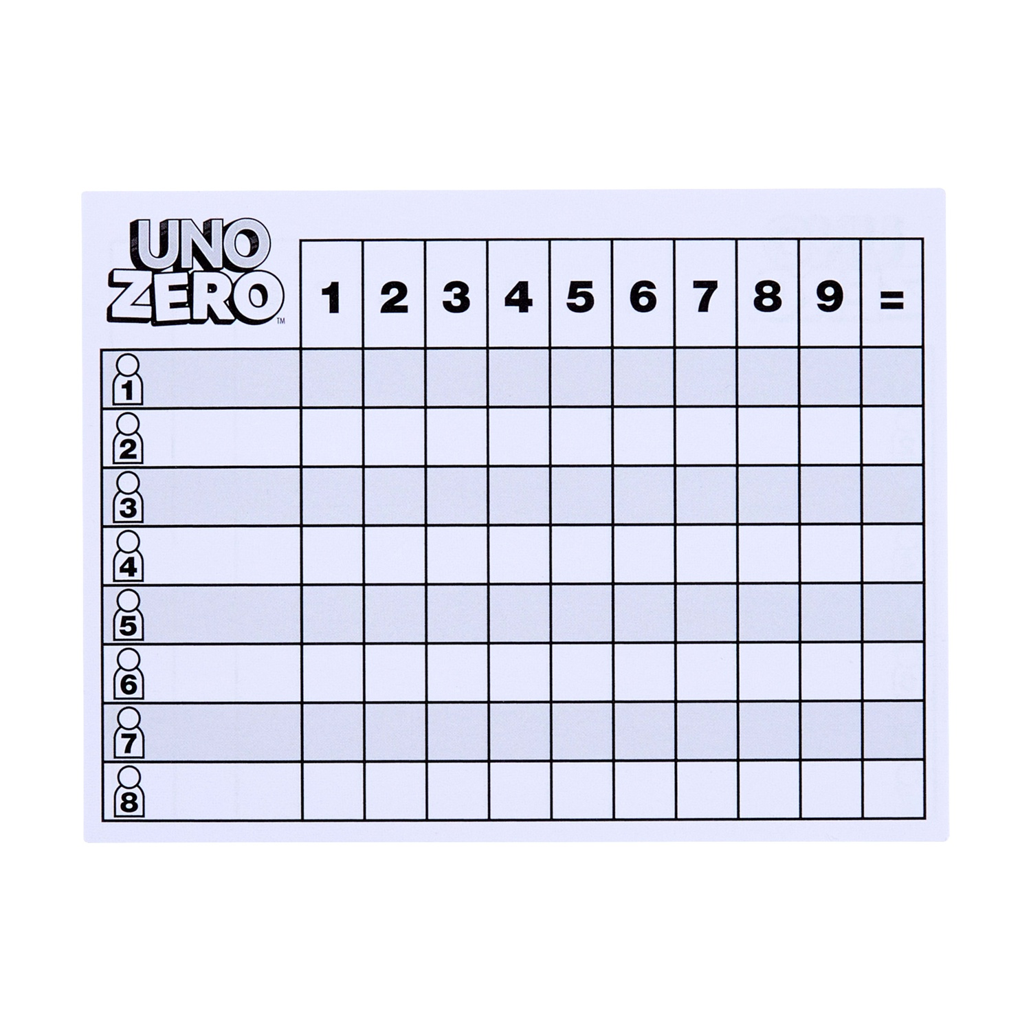 UNO ZERO spelbord met cijfers 1-9 en kolommen voor spelers 1-8.