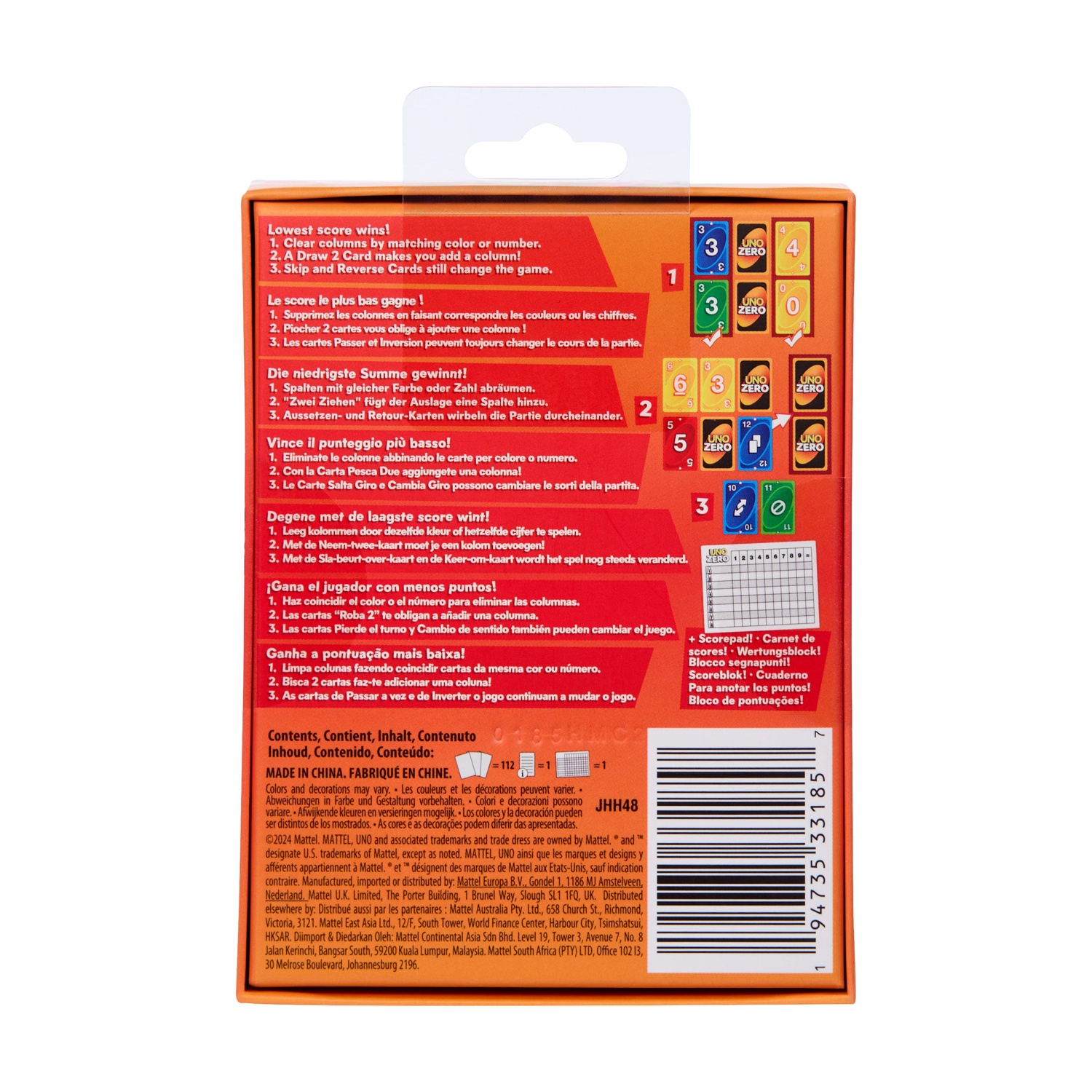 UNO kaartspel verpakking met meertalige regels en barcode.