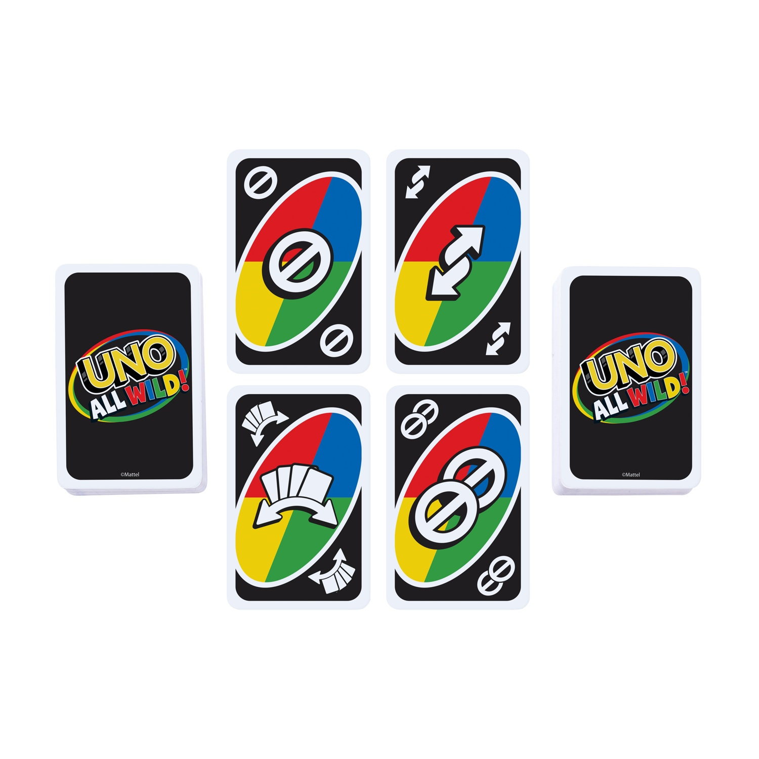 Cinq cartes UNO sur fond blanc, quatre avec symboles, deux avec logo UNO.