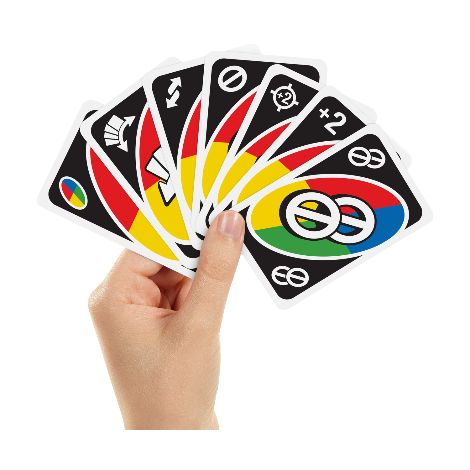 Une main tient plusieurs cartes Uno, dont une carte +2 et une carte inversée.