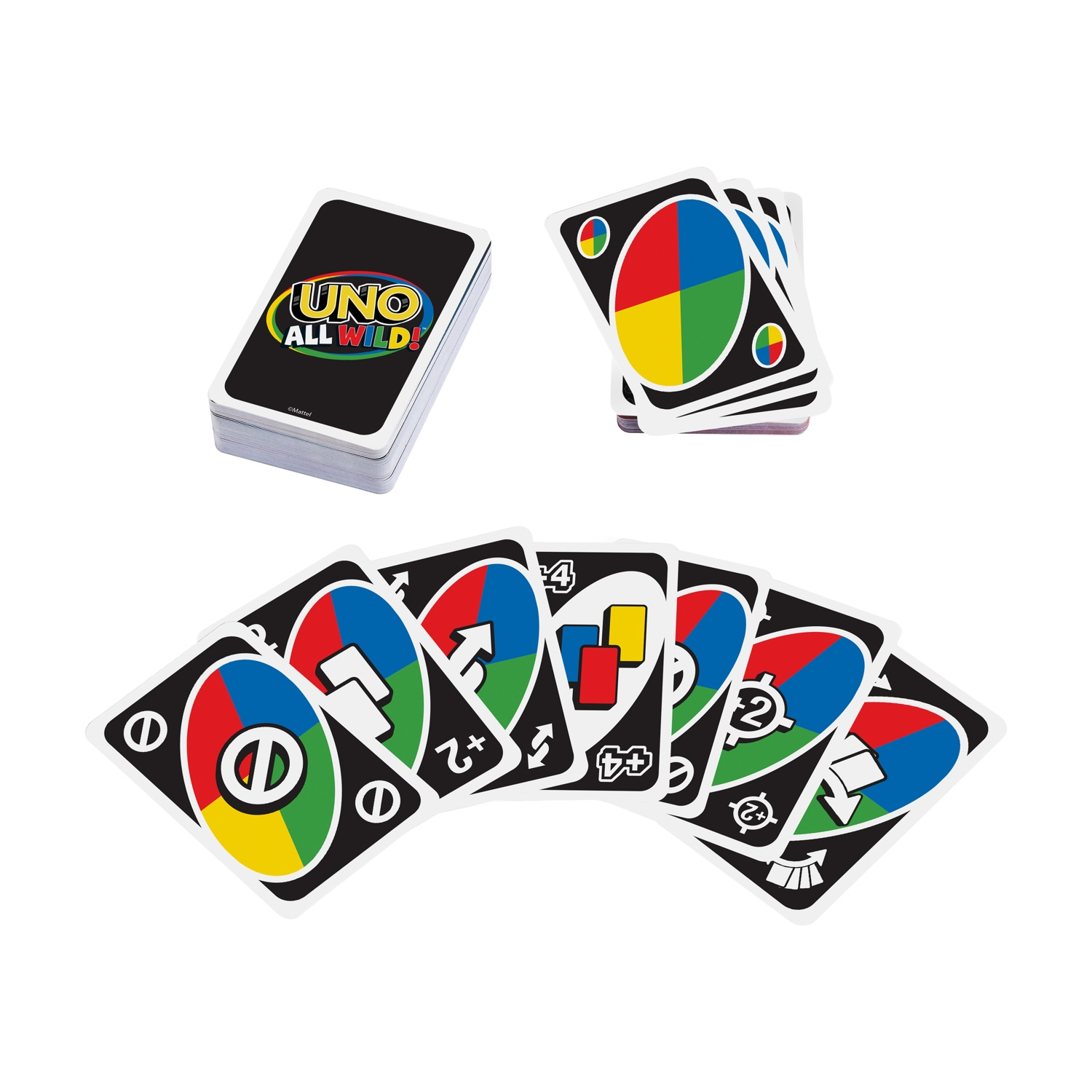 Jeu de cartes UNO All Wild : Une pioche, une petite pile et sept cartes étalées.