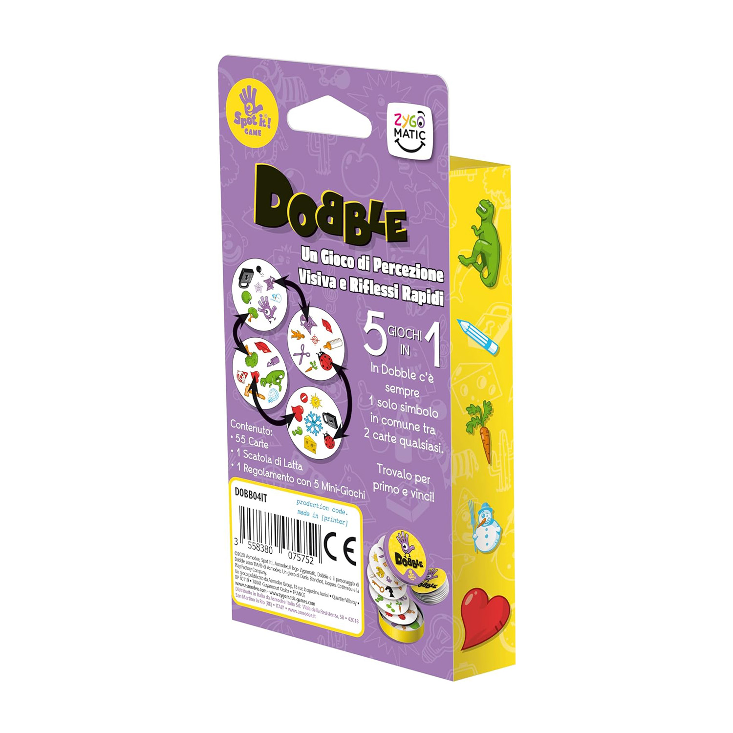 Scatola del gioco Dobble con immagini di simboli, istruzioni e regole.