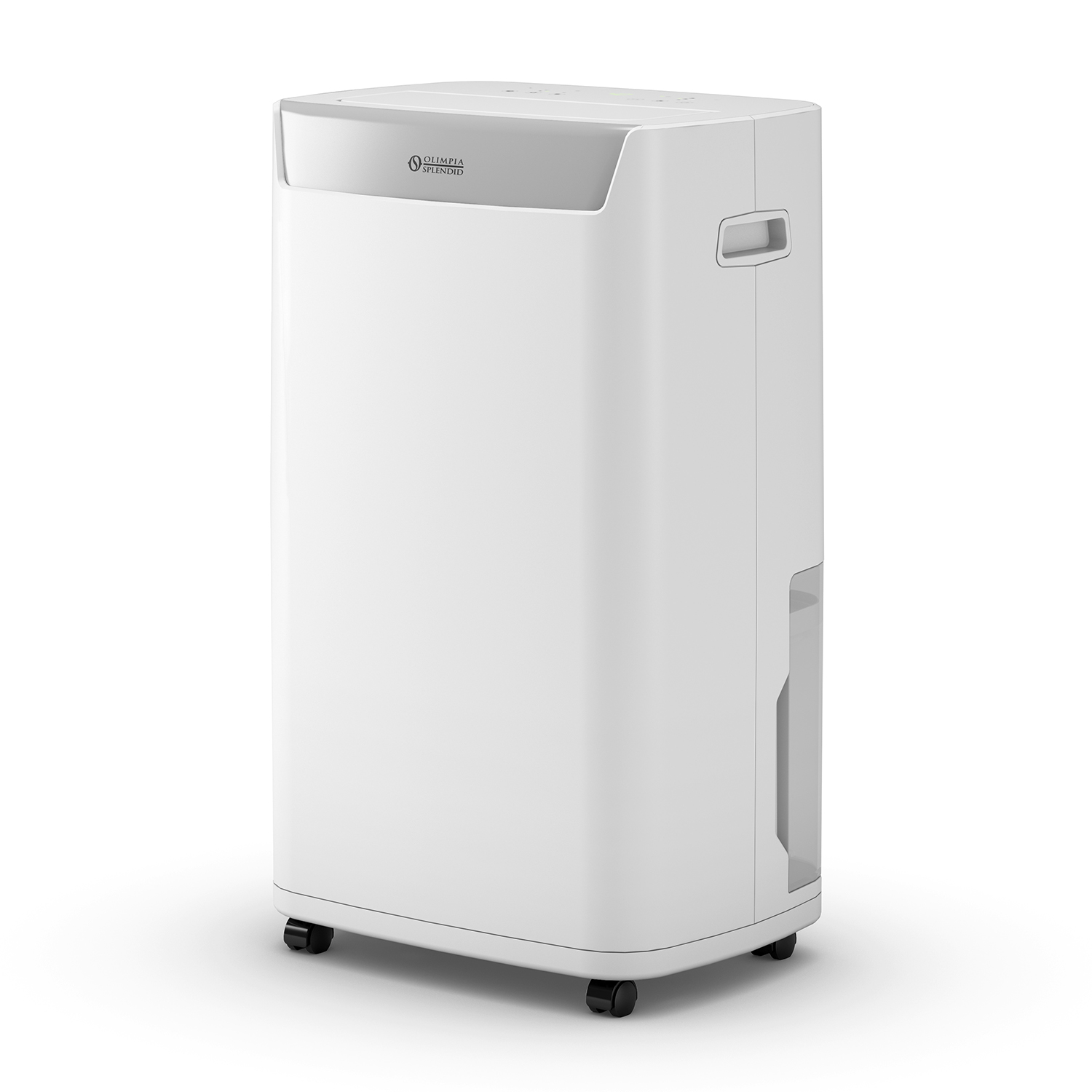 A white dehumidifier on wheels with a transparent water tank. Logo visible at the top.