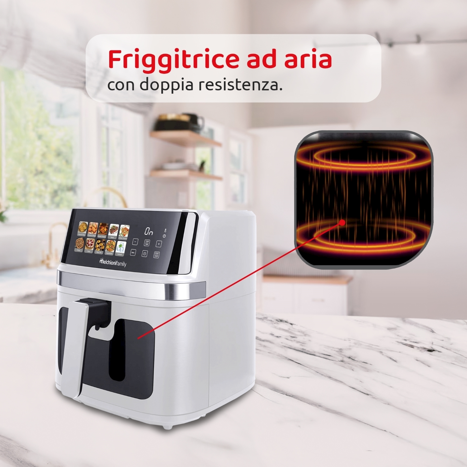 Weiße Heißluftfritteuse mit digitalem Display und einem Symbol für Hitzeelemente.