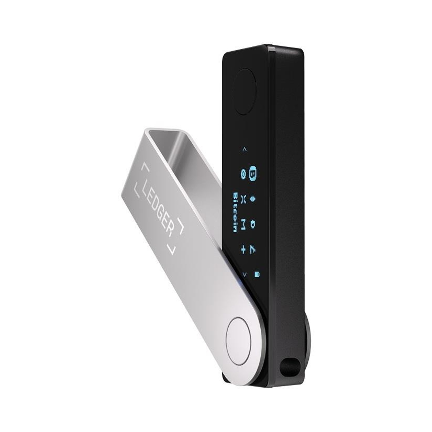 Un appareil Ledger noir avec un curseur argenté, présenté sur fond blanc.